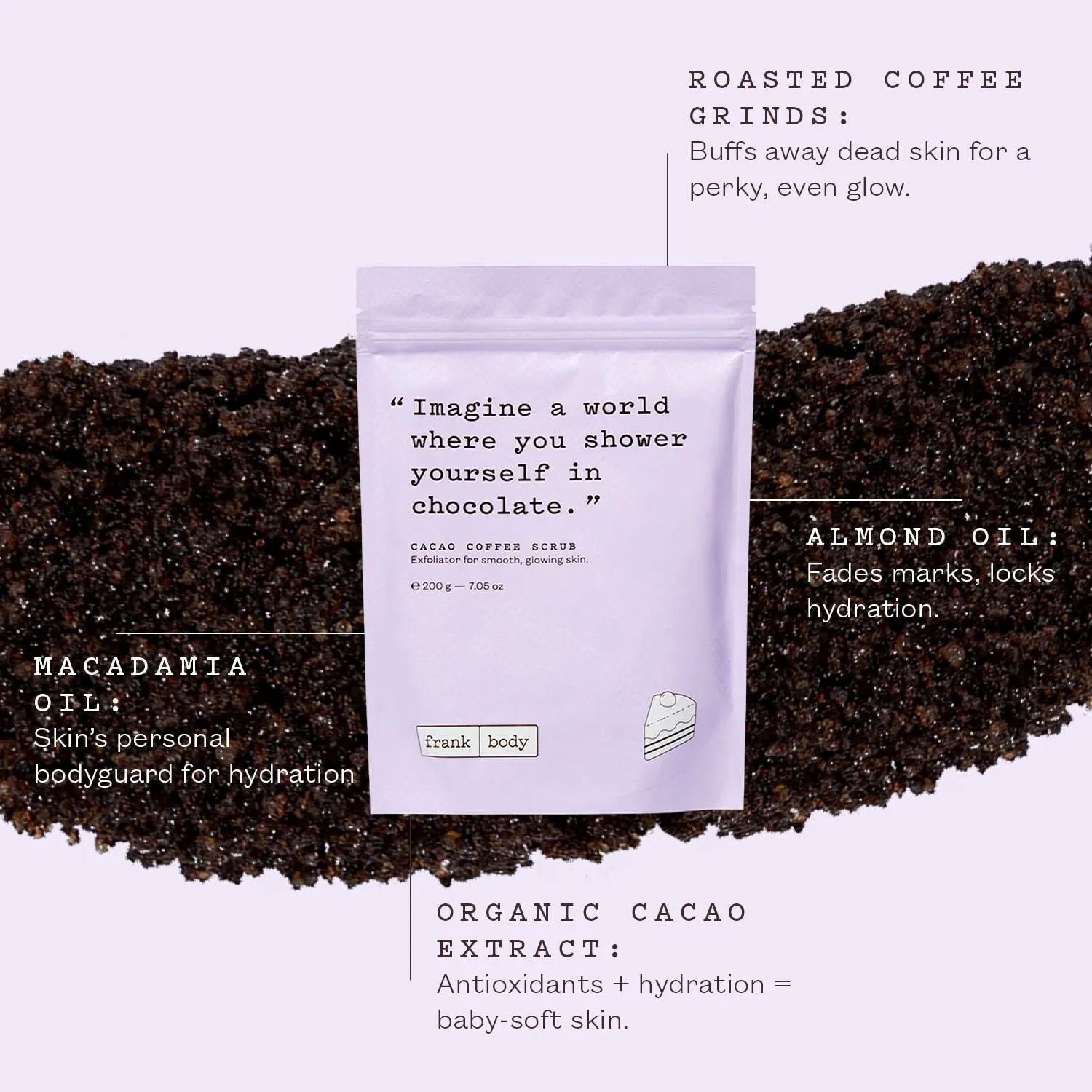 Frank Body Cacao Coffee Scrub | Natural, Vegan, Cruelty Free Exfoliating Body Scrub Smooths, Hydrates, and Nourishes Skin with Cacao Extract, Macadamia Oil, and Vitamins A, E, and D | 7.05 oz / 200 g