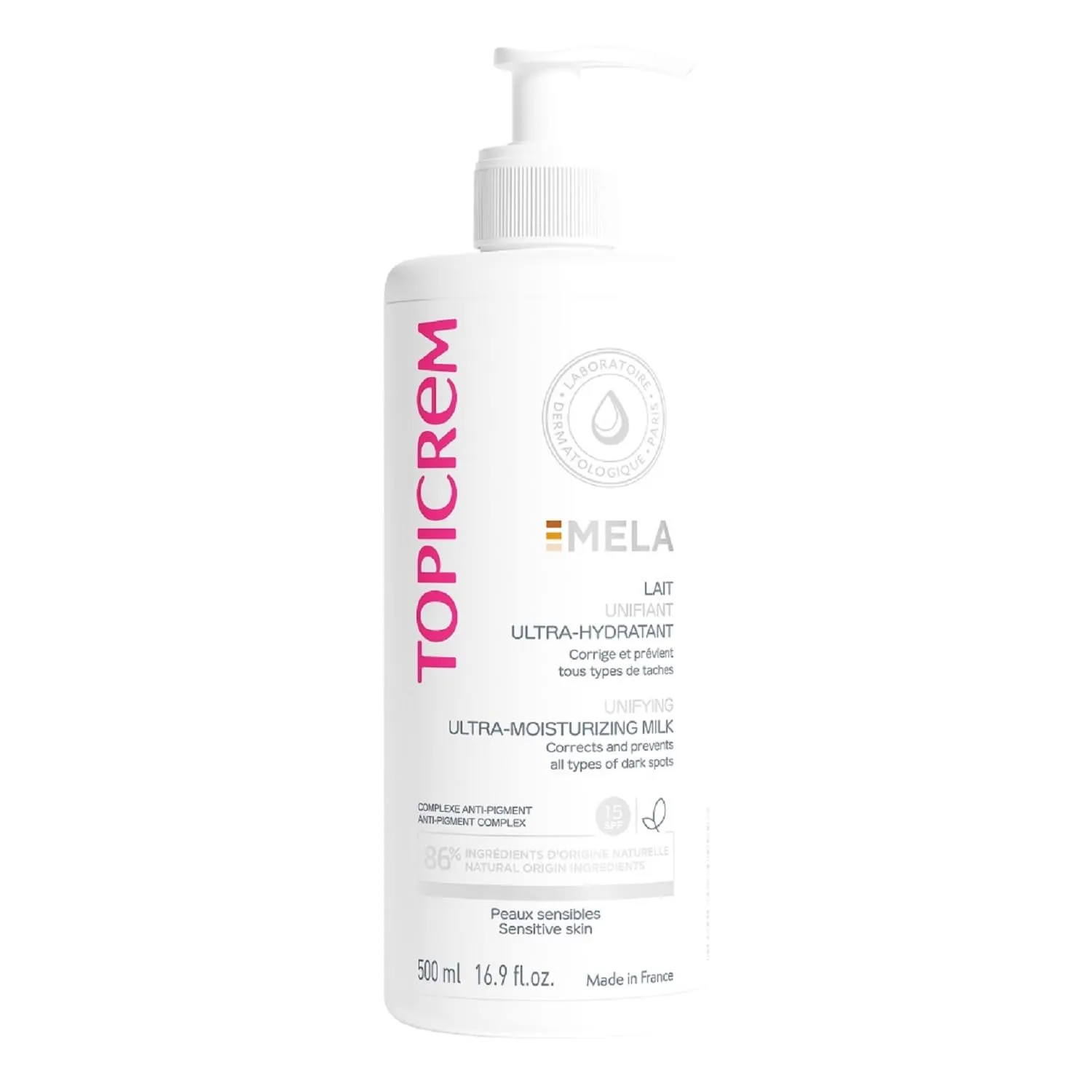 GIGATEMP Topicrem - Mela, Lait Unifiant Ultra Hydratant Corps - Hydrate 24h, Unifie le Teint, Corrige et Prévient l’Apparition des Taches Texture Onctueuse Peaux Sensibles Nouvelle Formule 500ml
