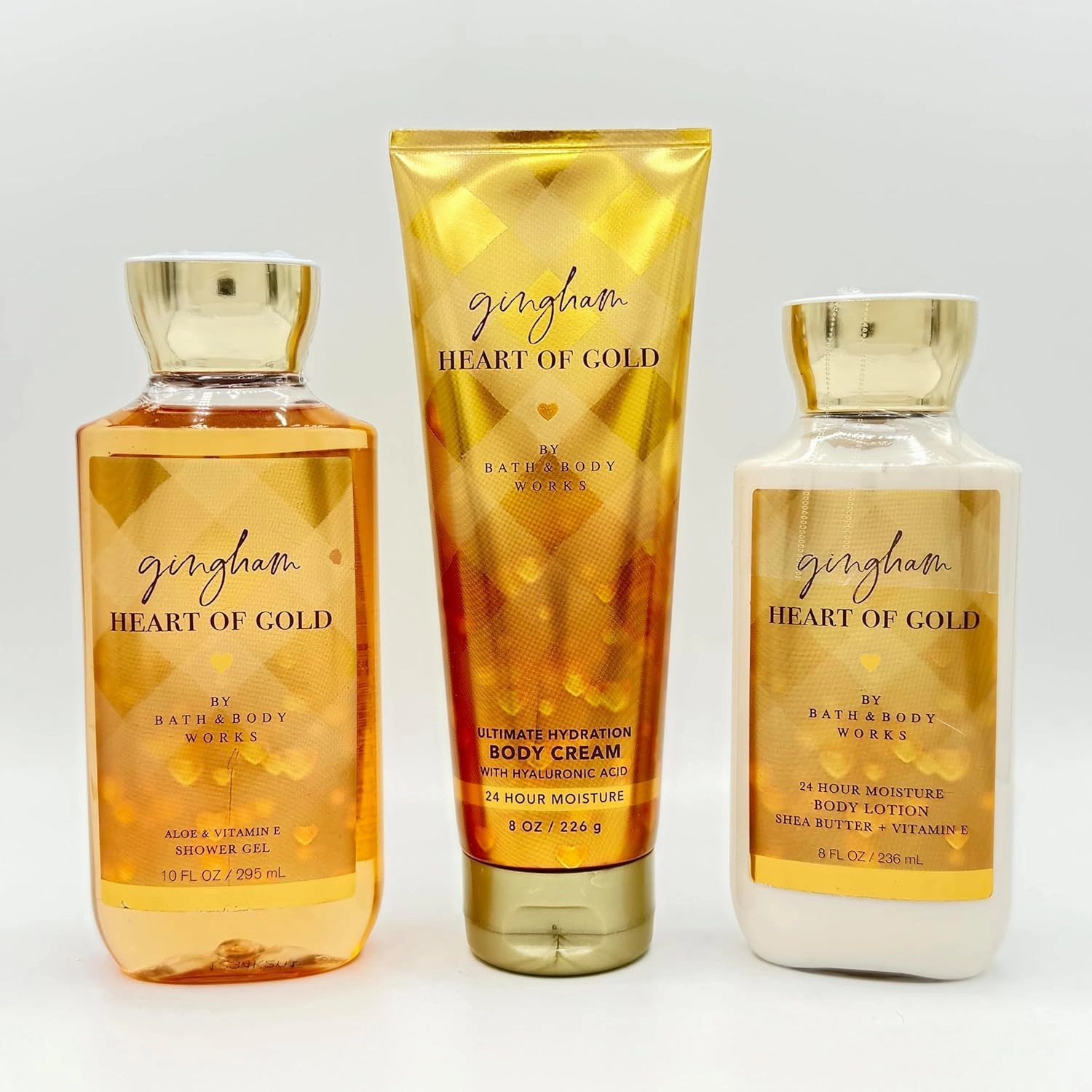 Gingham Heart of Gold 3-Piece Bath Bundle | Shower Gel, Ultimate Hydration Body Cream and Body Lotion