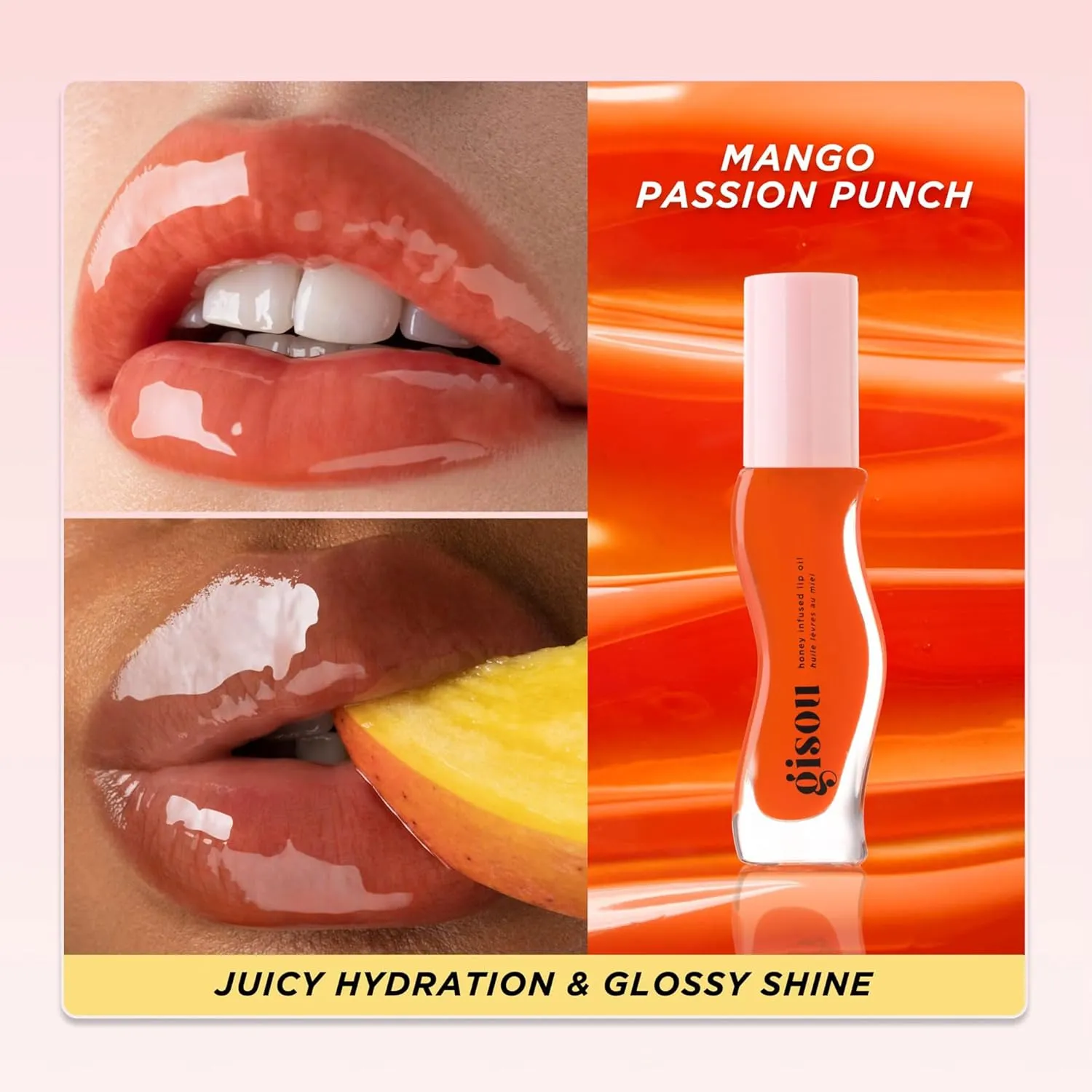 Gisou Honey Infused Hydrating Lip Oil, Nourishing Lip Moisturizer for Dry Lips, High Shine, Smooth Finish, Sheer Hot Coral Shade, Tropical Mango Passion Fruit Scent, Mango Passion Punch, 8ml
