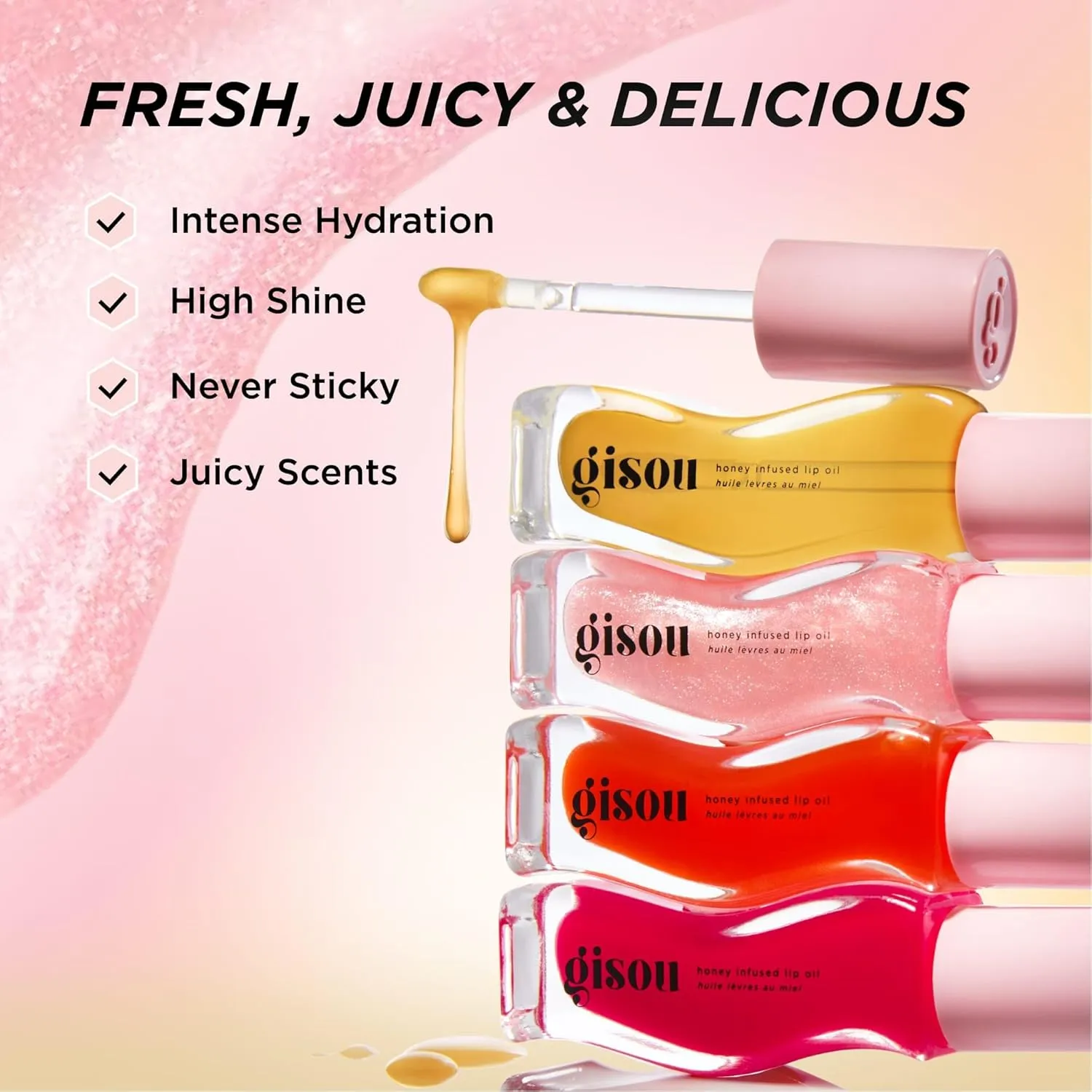 Gisou Honey Infused Hydrating Lip Oil, Nourishing Lip Moisturizer for Dry Lips, High Shine, Smooth Finish, Sheer Hot Coral Shade, Tropical Mango Passion Fruit Scent, Mango Passion Punch, 8ml