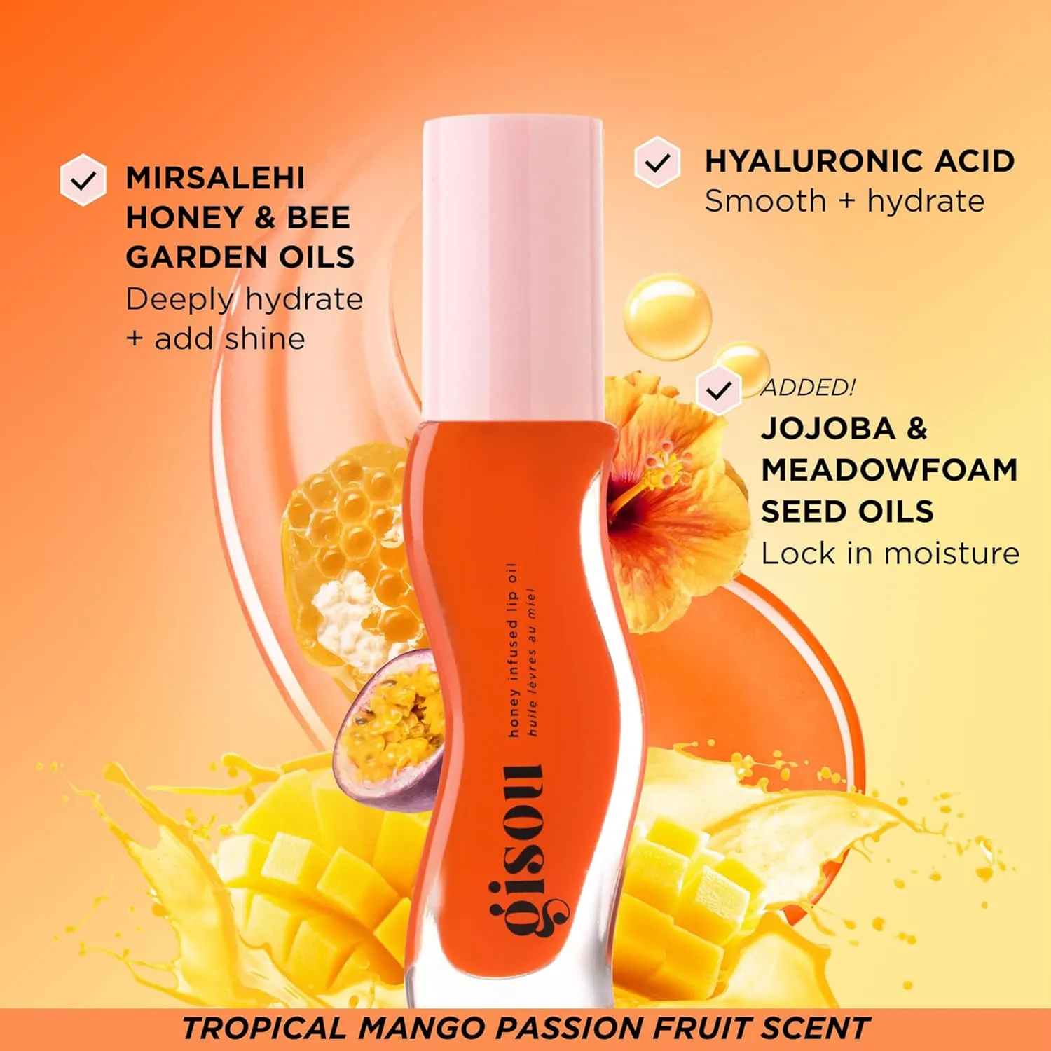 Gisou Honey Infused Hydrating Lip Oil, Nourishing Lip Moisturizer for Dry Lips, High Shine, Smooth Finish, Sheer Hot Coral Shade, Tropical Mango Passion Fruit Scent, Mango Passion Punch, 8ml