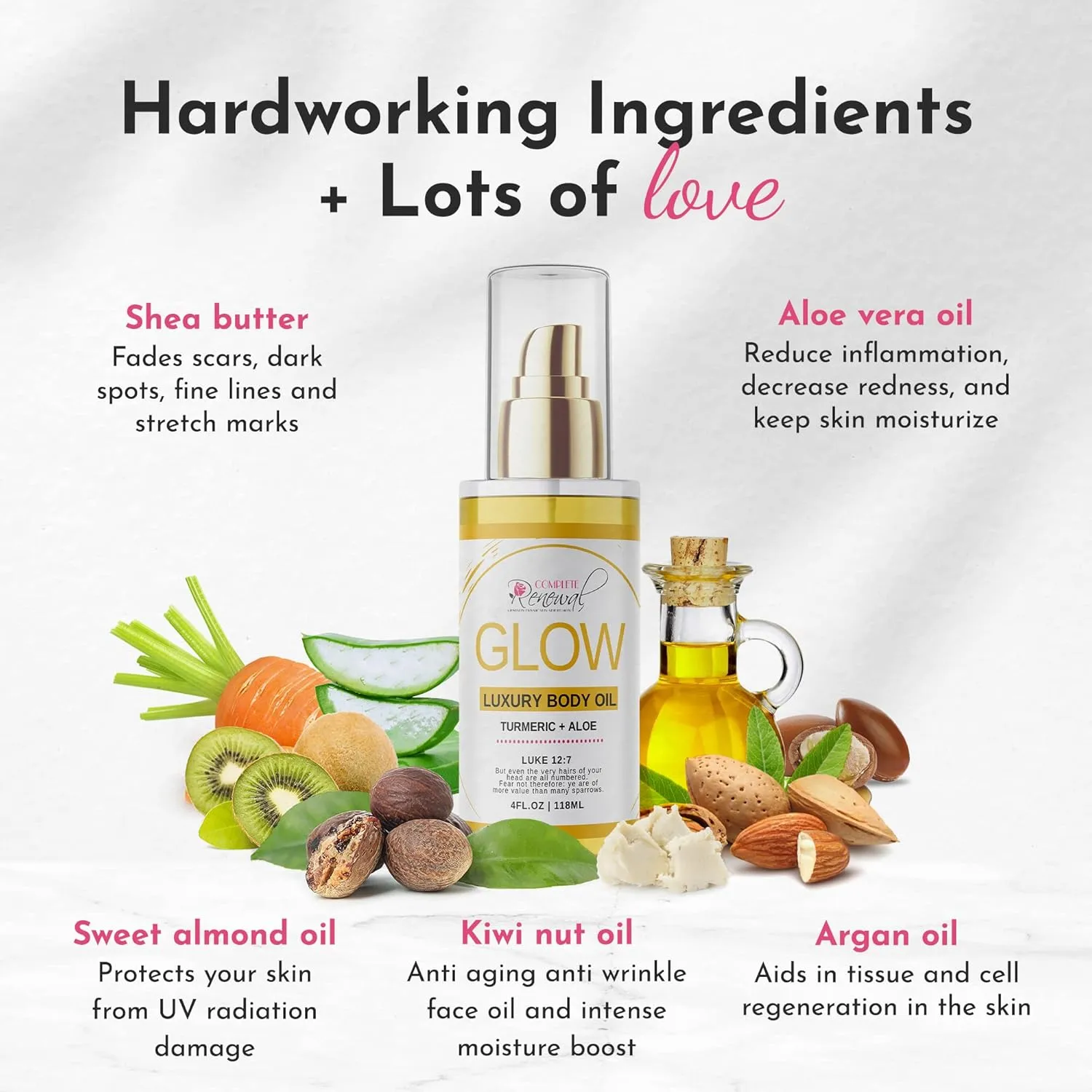 GLOW Turmeric & Aloe Body Oil, Skin Oil with Shea Butter, Carrot Seed Oil & Almond Oil for Skin Care, Turmeric Oil with Argan Oil for Skin Rejuvenation, Patchouli & Sandalwood, 4 oz