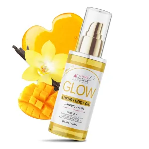 GLOW Turmeric & Aloe Body Oil, Skin Oil with Shea Butter, Carrot Seed Oil & Almond Oil for Skin Care, Turmeric Oil with Argan Oil for Skin Rejuvenation, Patchouli & Sandalwood, 4 oz