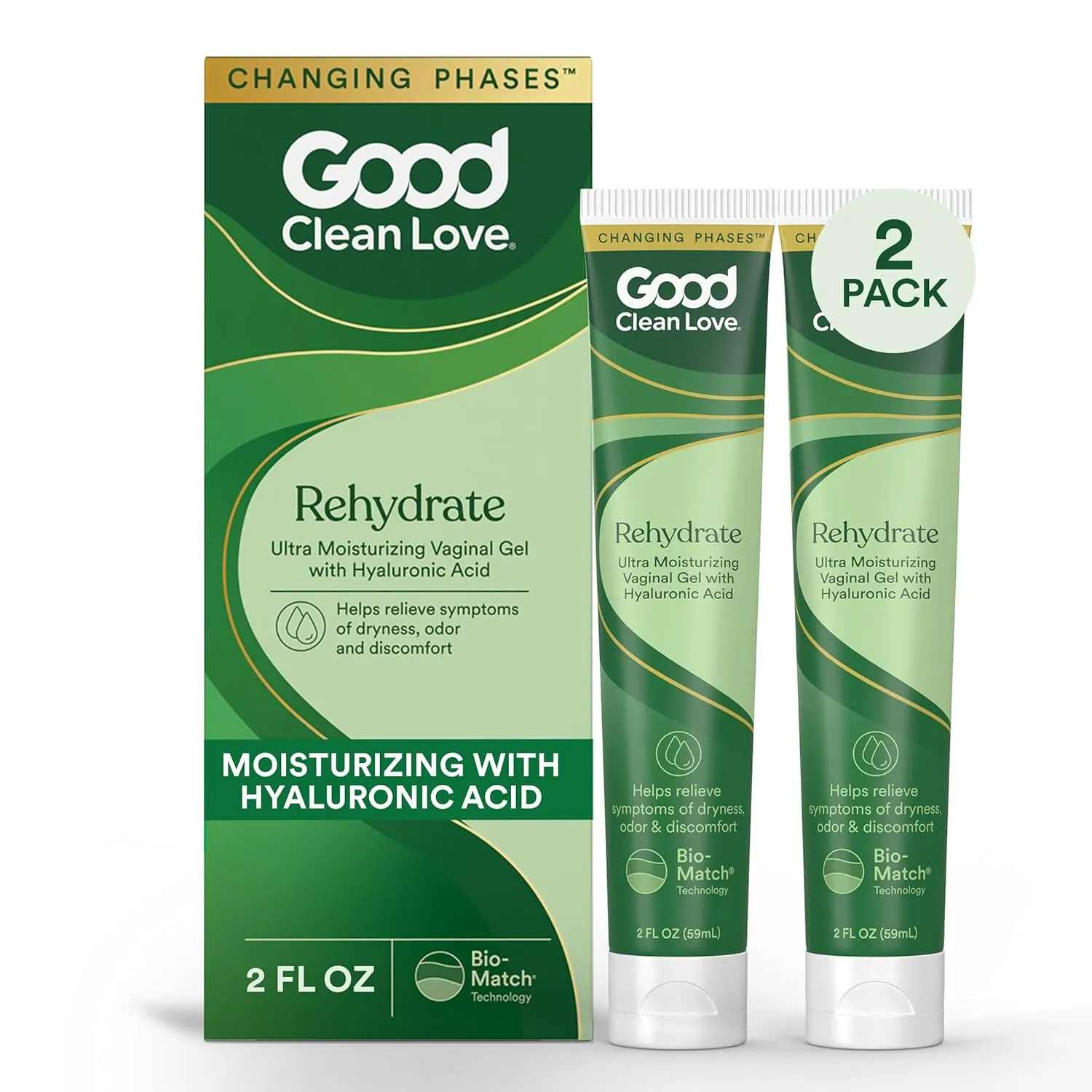 Good Clean Love Rehydrate Ultra Moisturizing Vaginal Gel with Hyaluronic Acid, pH-Balanced Vaginal Moisturizer, Water-Based Feminine Care, Long Lasting Relief from Dryness & Discomfort, 2 Oz (2-Pack)