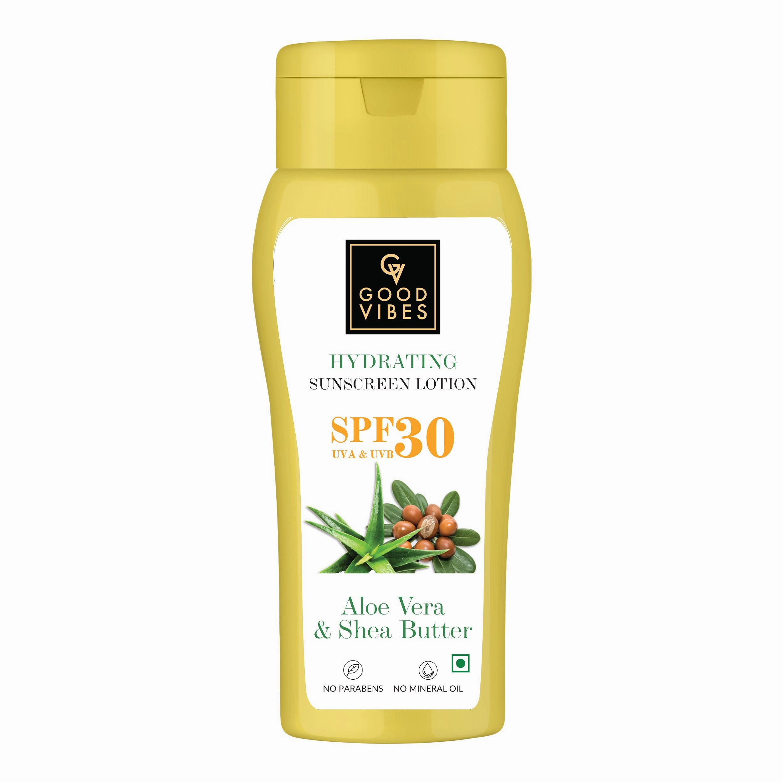 Good Vibes Aloe Vera & Shea Butter Hydrating Sunscreen Lotion SPF 30 | Soothing, Moisturizing | Vegan, No Parabens, No Mineral Oil, No Silicones, No Animal Testing (110 ml)