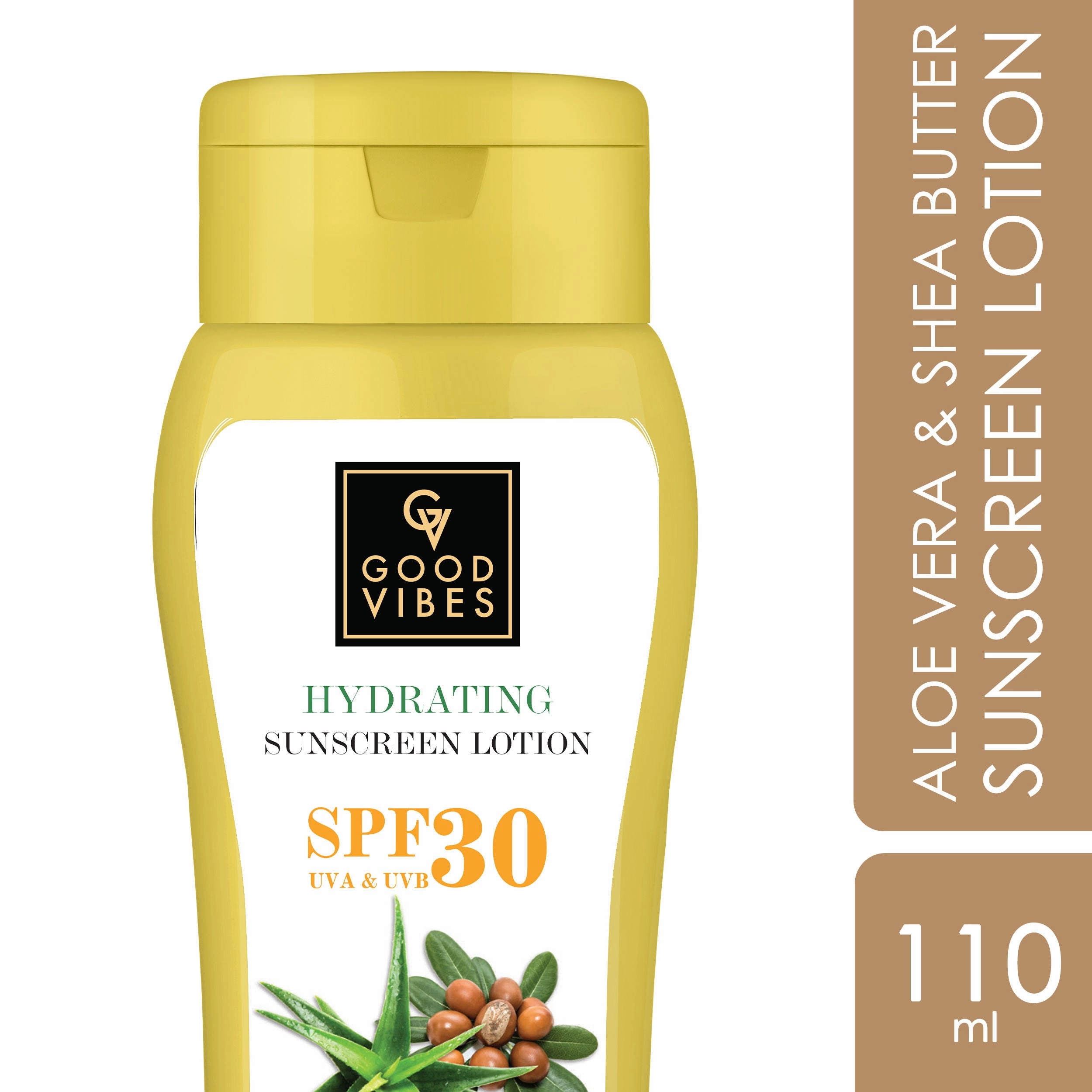 Good Vibes Aloe Vera & Shea Butter Hydrating Sunscreen Lotion SPF 30 | Soothing, Moisturizing | Vegan, No Parabens, No Mineral Oil, No Silicones, No Animal Testing (110 ml)