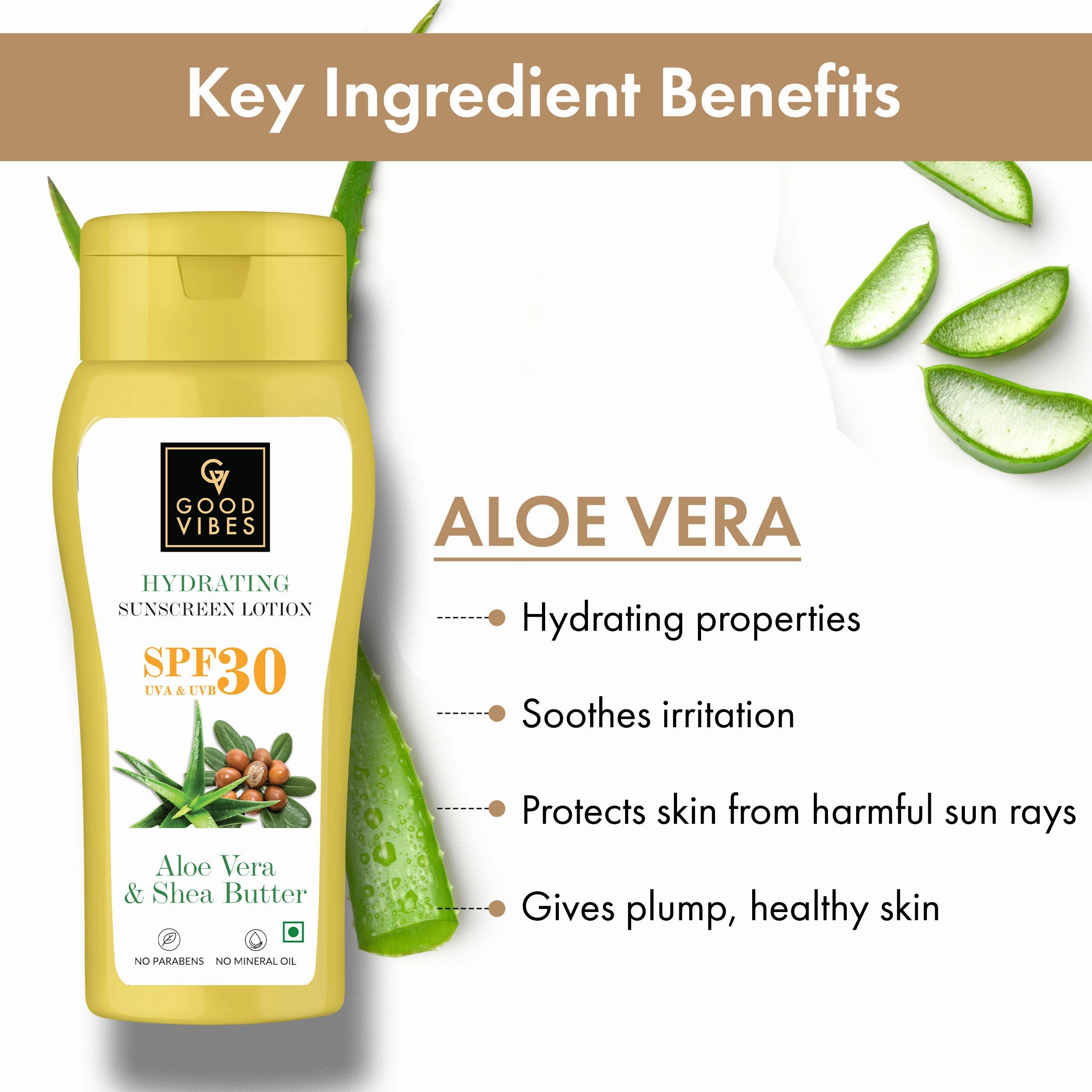 Good Vibes Aloe Vera & Shea Butter Hydrating Sunscreen Lotion SPF 30 | Soothing, Moisturizing | Vegan, No Parabens, No Mineral Oil, No Silicones, No Animal Testing (110 ml)