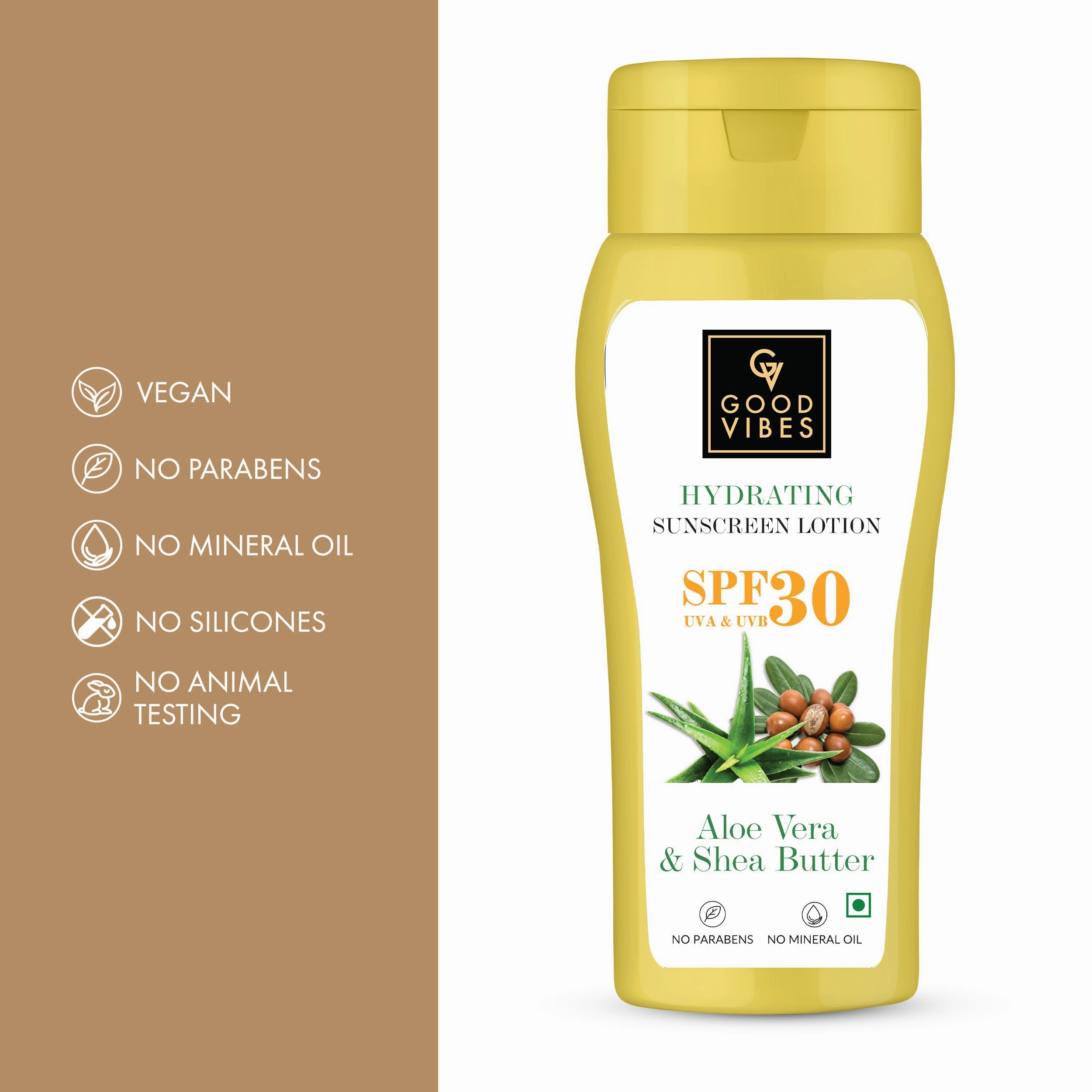 Good Vibes Aloe Vera & Shea Butter Hydrating Sunscreen Lotion SPF 30 | Soothing, Moisturizing | Vegan, No Parabens, No Mineral Oil, No Silicones, No Animal Testing (110 ml)