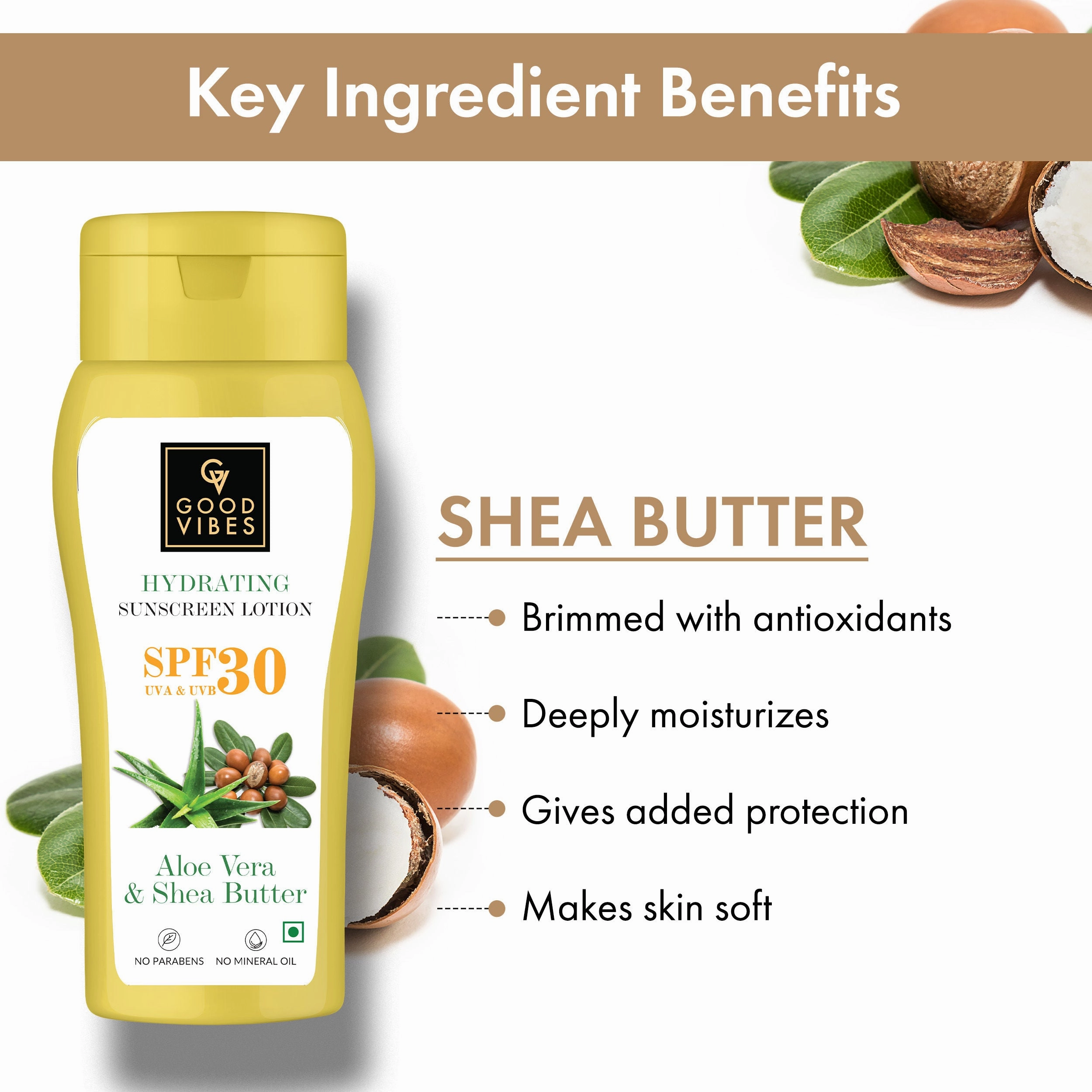 Good Vibes Aloe Vera & Shea Butter Hydrating Sunscreen Lotion SPF 30 | Soothing, Moisturizing | Vegan, No Parabens, No Mineral Oil, No Silicones, No Animal Testing (110 ml)