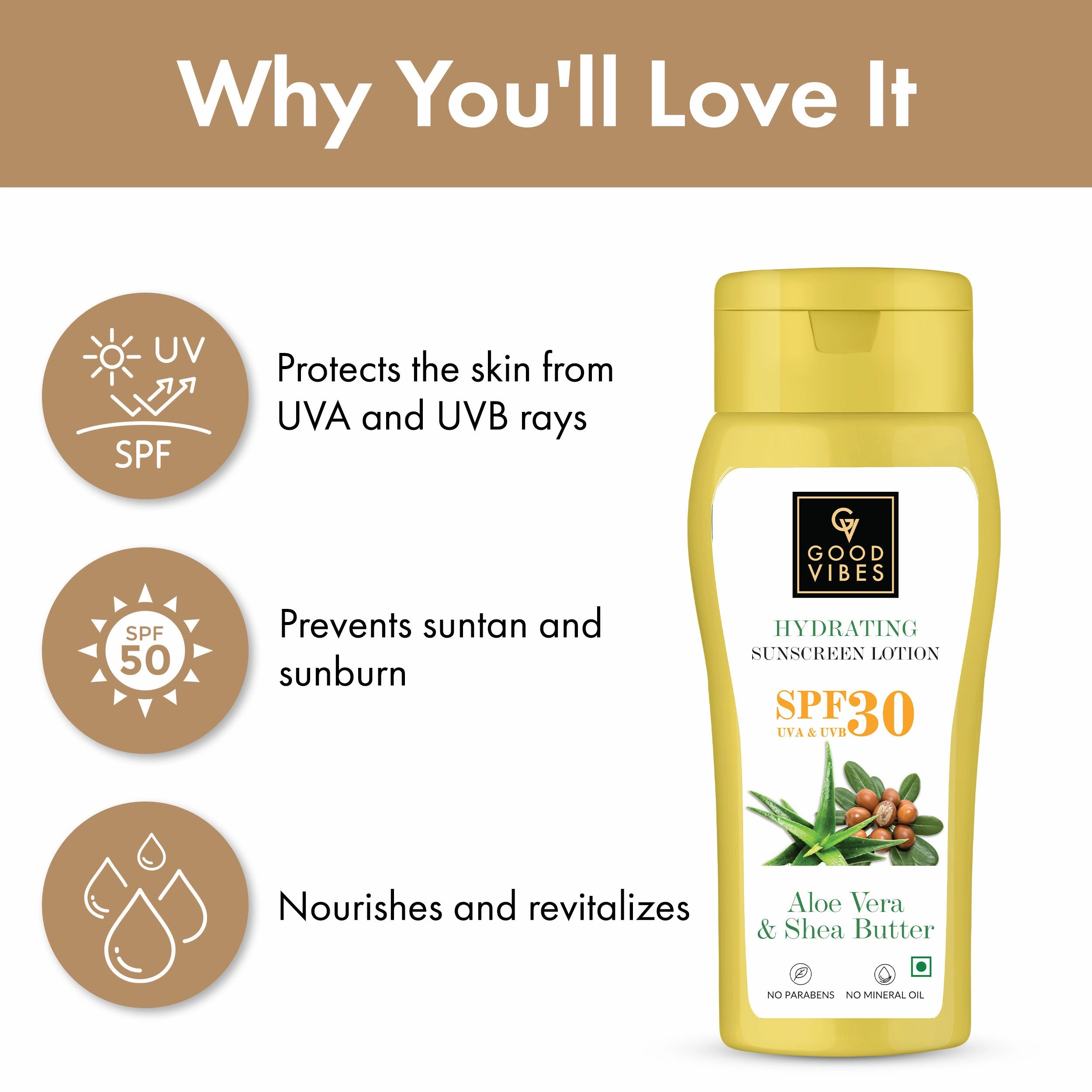 Good Vibes Aloe Vera & Shea Butter Hydrating Sunscreen Lotion SPF 30 | Soothing, Moisturizing | Vegan, No Parabens, No Mineral Oil, No Silicones, No Animal Testing (110 ml)