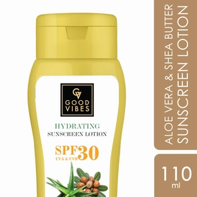 Good Vibes Aloe Vera & Shea Butter Hydrating Sunscreen Lotion SPF 30 | Soothing, Moisturizing | Vegan, No Parabens, No Mineral Oil, No Silicones, No Animal Testing (110 ml)