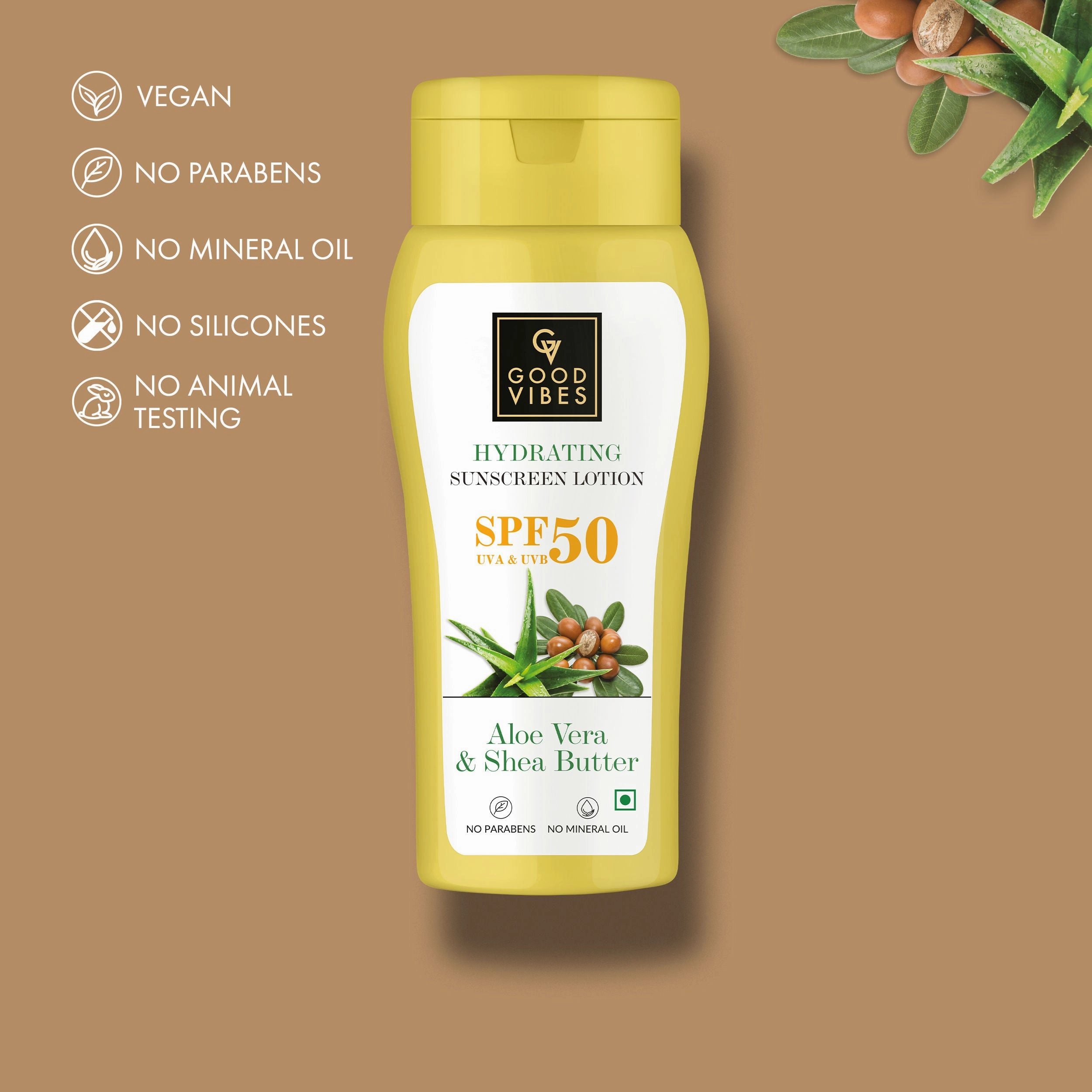 Good Vibes Aloe Vera & Shea Butter Hydrating Sunscreen Lotion SPF 50 | Soothing, Moisturizing | Vegan, No Parabens, No Mineral Oil, No Silicones, No Animal Testing (110 ml)