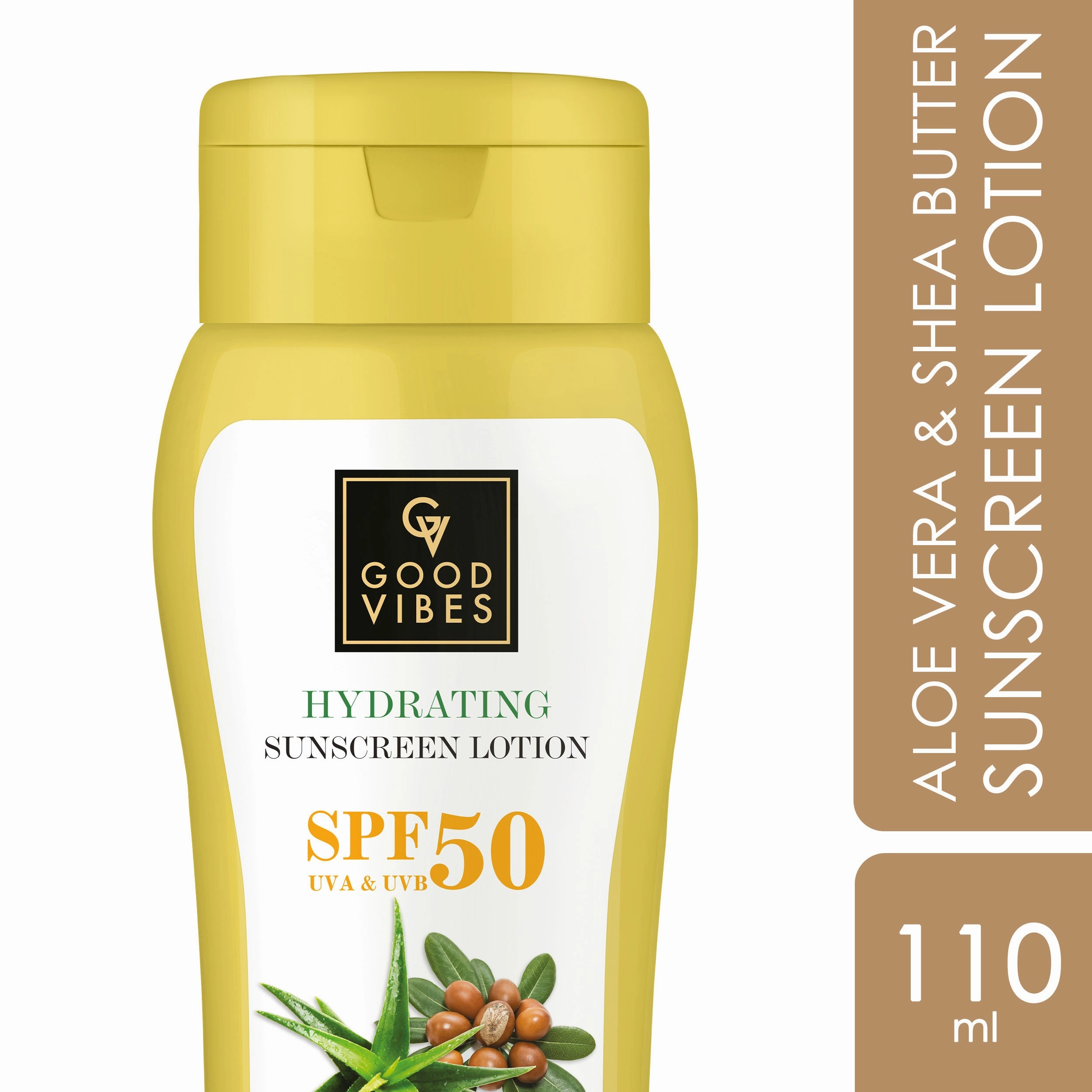 Good Vibes Aloe Vera & Shea Butter Hydrating Sunscreen Lotion SPF 50 | Soothing, Moisturizing | Vegan, No Parabens, No Mineral Oil, No Silicones, No Animal Testing (110 ml)