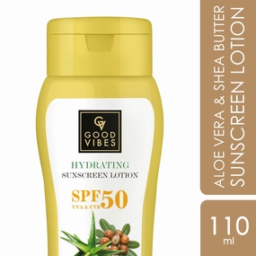 Good Vibes Aloe Vera & Shea Butter Hydrating Sunscreen Lotion SPF 50 | Soothing, Moisturizing | Vegan, No Parabens, No Mineral Oil, No Silicones, No Animal Testing (110 ml)