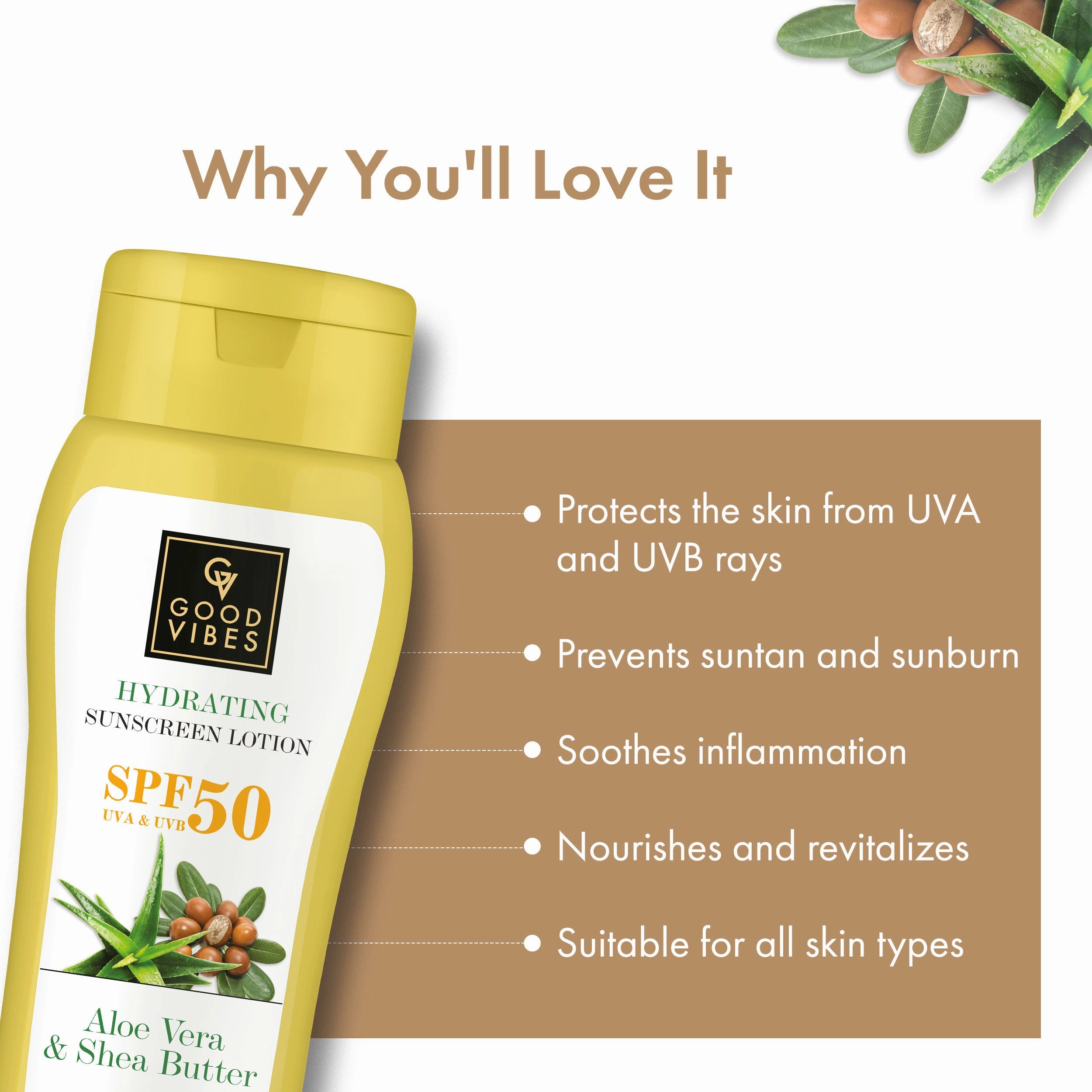 Good Vibes Aloe Vera & Shea Butter Hydrating Sunscreen Lotion SPF 50 | Soothing, Moisturizing | Vegan, No Parabens, No Mineral Oil, No Silicones, No Animal Testing (110 ml)