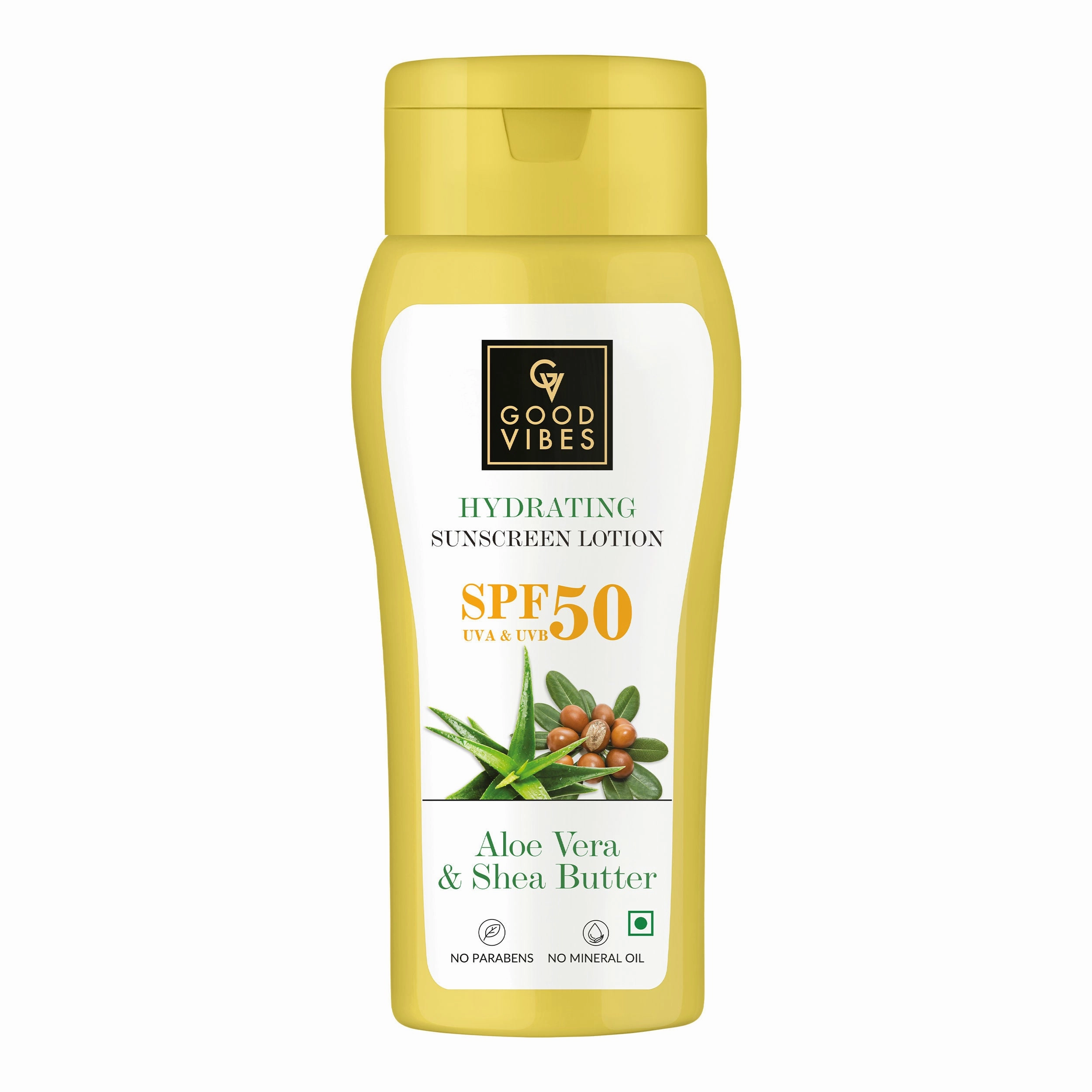 Good Vibes Aloe Vera & Shea Butter Hydrating Sunscreen Lotion SPF 50 | Soothing, Moisturizing | Vegan, No Parabens, No Mineral Oil, No Silicones, No Animal Testing (110 ml)