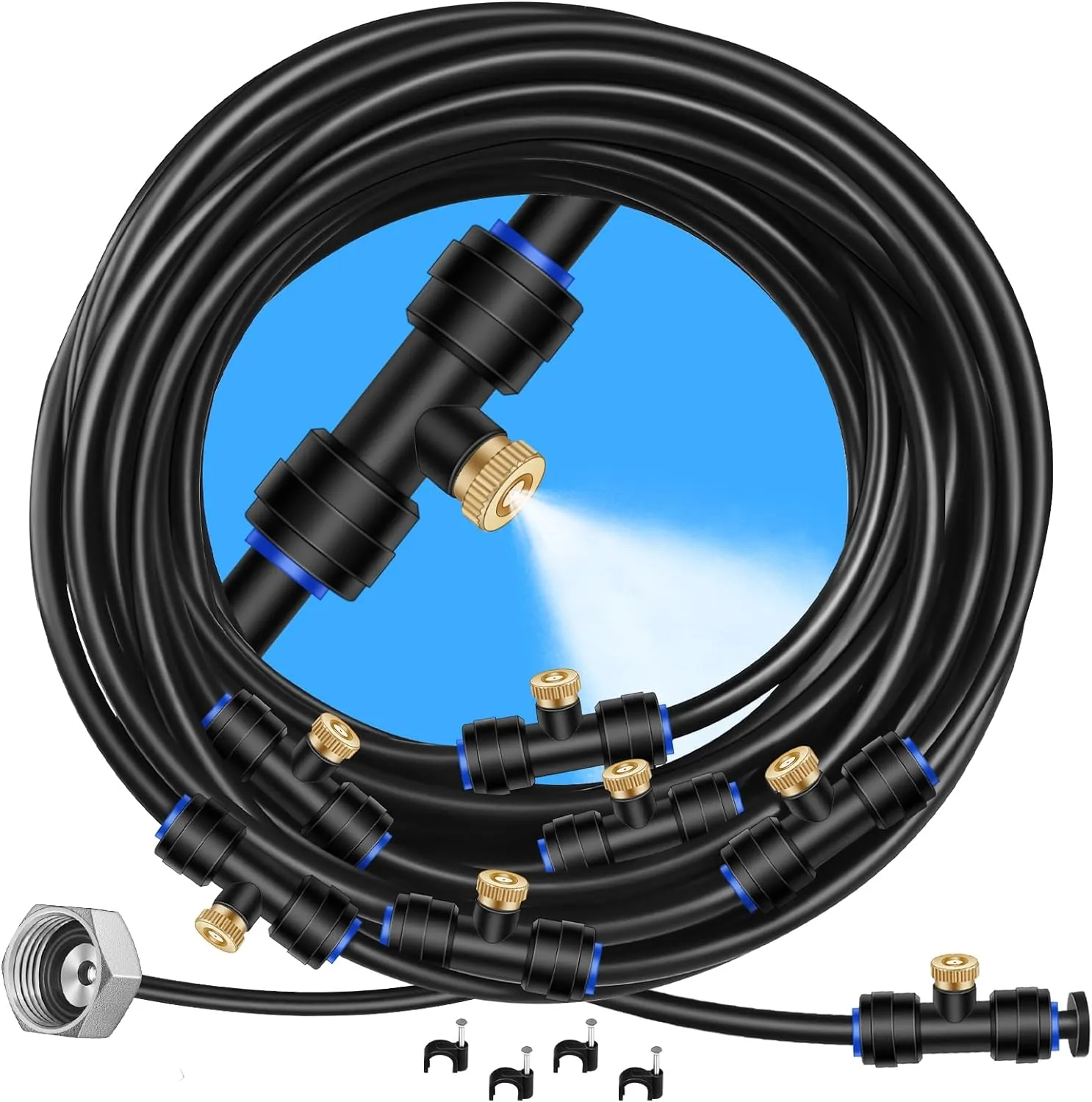 GOXAWEE Misting System, 75FT (23M) Misting Line   28 Brass Mist Nozzles   Brass Adapter(3/4"), Misters for Outside Patio Cooling Outdoor Garden Greenhouse Trampoline for Waterpark