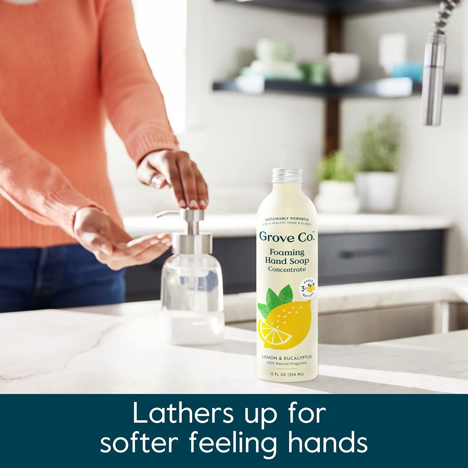 Grove Co. Foaming Hand Soap Concentrate (12 Fl Oz)   Reuseable Glass Soap Dispenser, Plastic Free and Liquid Refillable Starter Kit, Natural Lemon & Eucalyptus Fragrance