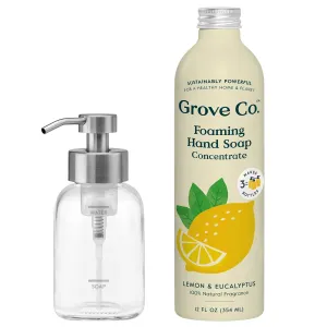 Grove Co. Foaming Hand Soap Concentrate (12 Fl Oz)   Reuseable Glass Soap Dispenser, Plastic Free and Liquid Refillable Starter Kit, Natural Lemon & Eucalyptus Fragrance