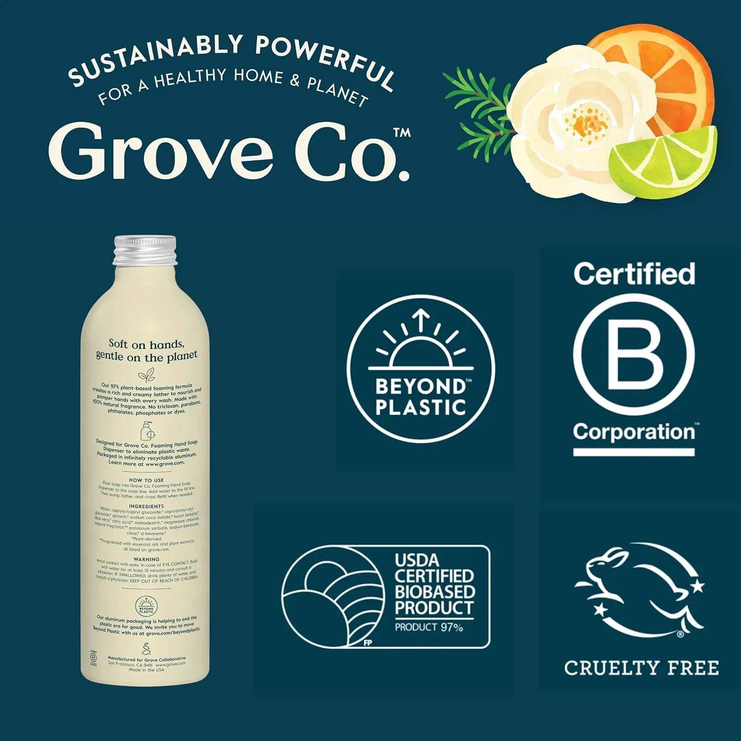 Grove Co. Foaming Hand Soap Concentrate (12 Fl Oz)   Reuseable Glass Soap Dispenser, Plastic Free and Liquid Refillable Starter Kit, Natural Lemon & Eucalyptus Fragrance