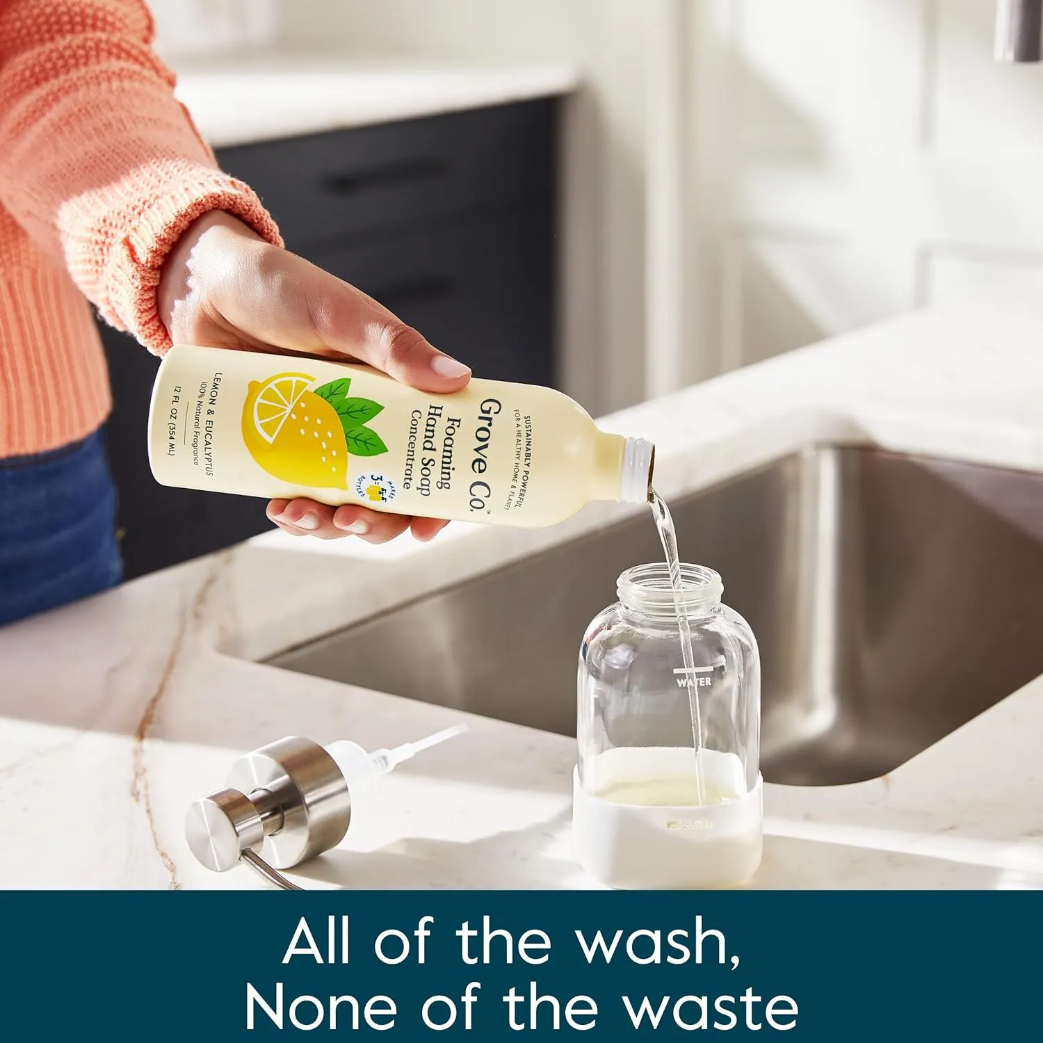 Grove Co. Foaming Hand Soap Concentrate (12 Fl Oz)   Reuseable Glass Soap Dispenser, Plastic Free and Liquid Refillable Starter Kit, Natural Lemon & Eucalyptus Fragrance
