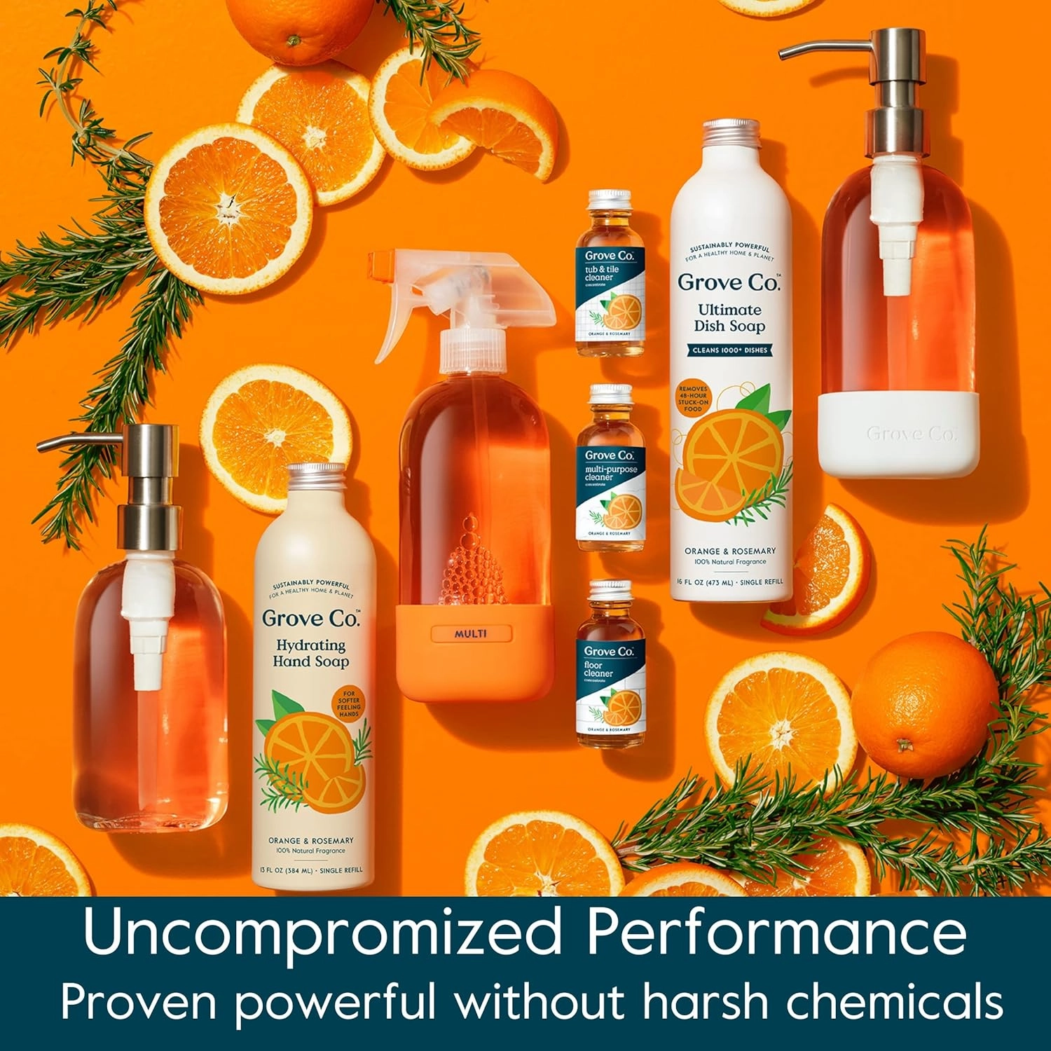 Grove Co. Hydrating Gel Hand Soap Refills (2 x 13 Fl Oz)   1 x Reuseable Glass Soap Dispenser, Plastic-Free & Liquid Refillable Starter Kit, Natural Orange & Rosemary Fragrance