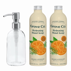 Grove Co. Hydrating Gel Hand Soap Refills (2 x 13 Fl Oz)   1 x Reuseable Glass Soap Dispenser, Plastic-Free & Liquid Refillable Starter Kit, Natural Orange & Rosemary Fragrance