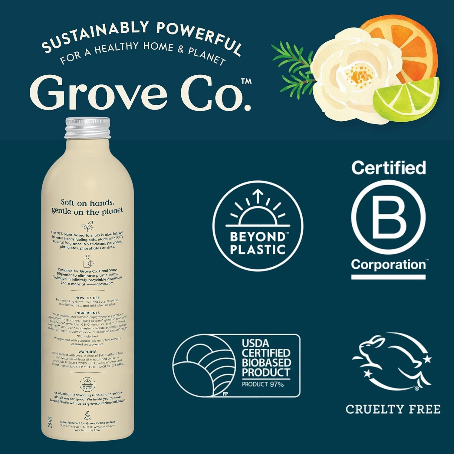 Grove Co. Hydrating Gel Hand Soap Refills (2 x 13 Fl Oz)   1 x Reuseable Glass Soap Dispenser, Plastic-Free & Liquid Refillable Starter Kit, Natural Orange & Rosemary Fragrance