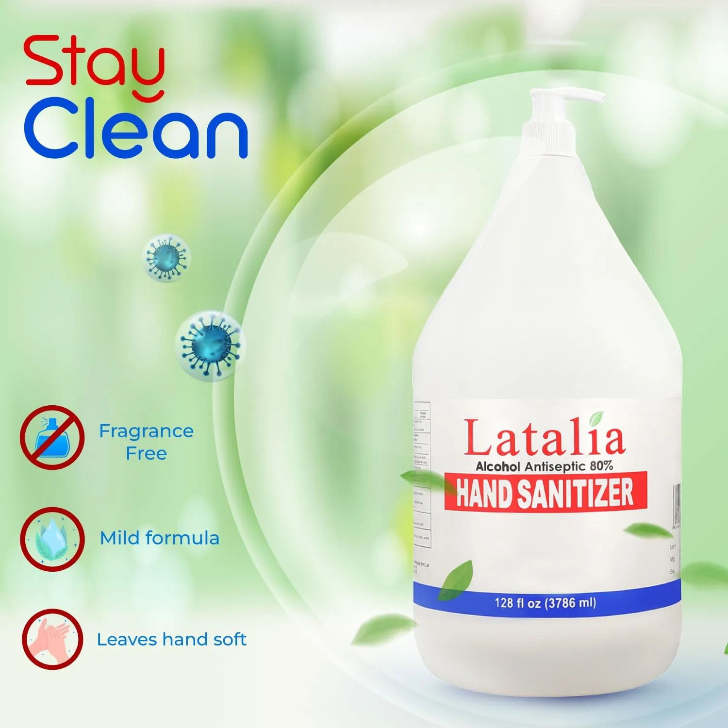 Hand Sanitizer Gallon with Pump - Hand Sanitizers Refill Unscented Clean Scent Non-Drying Moisturizing Gel (128 Fl. Oz, 3786 ml)