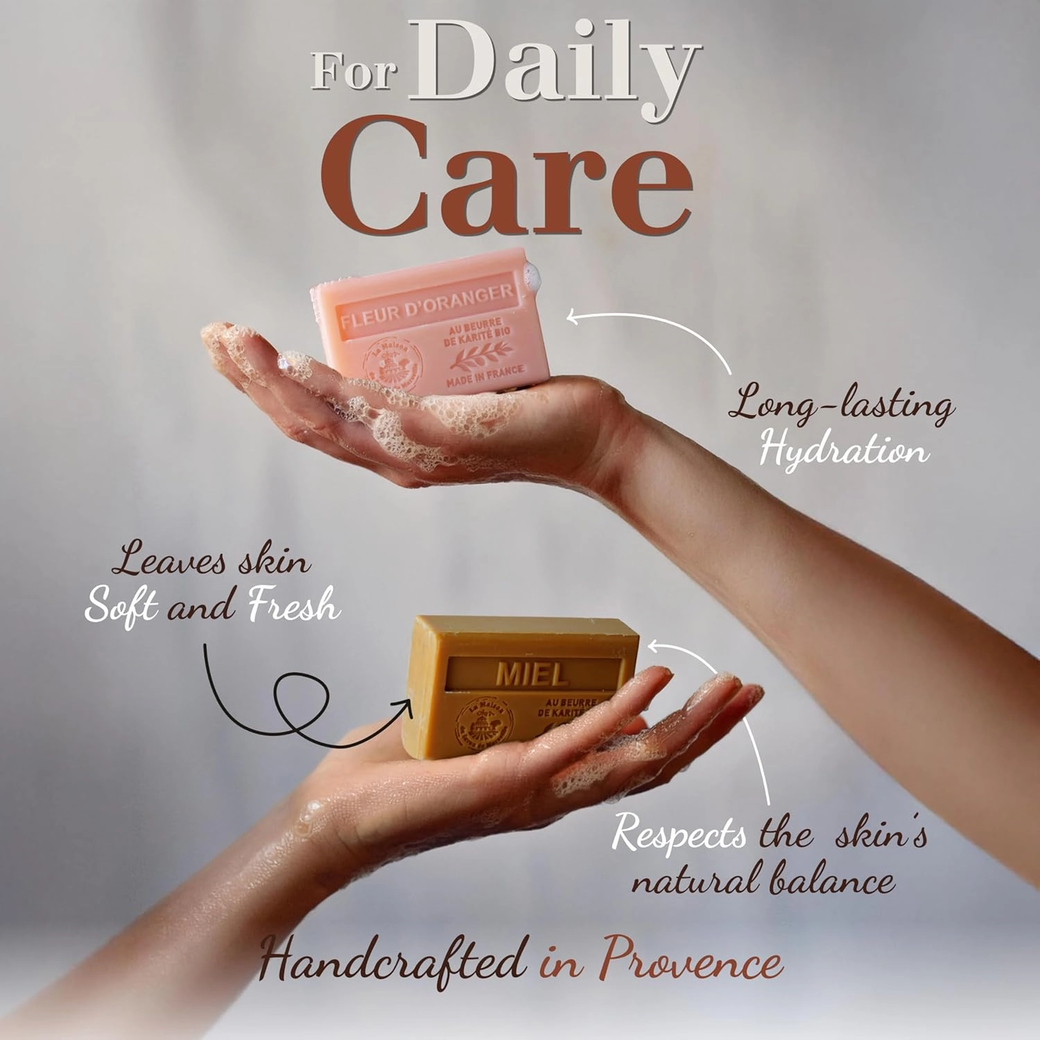 Hand & Body Soap Bars Trio - Olive Oil Moisturizing French Soap with Organic Shea Butter - Rich Creamy Lather - 97% Natural Ingredients - Solid Bath Cleanser Made in Provence - 3x4.4 oz