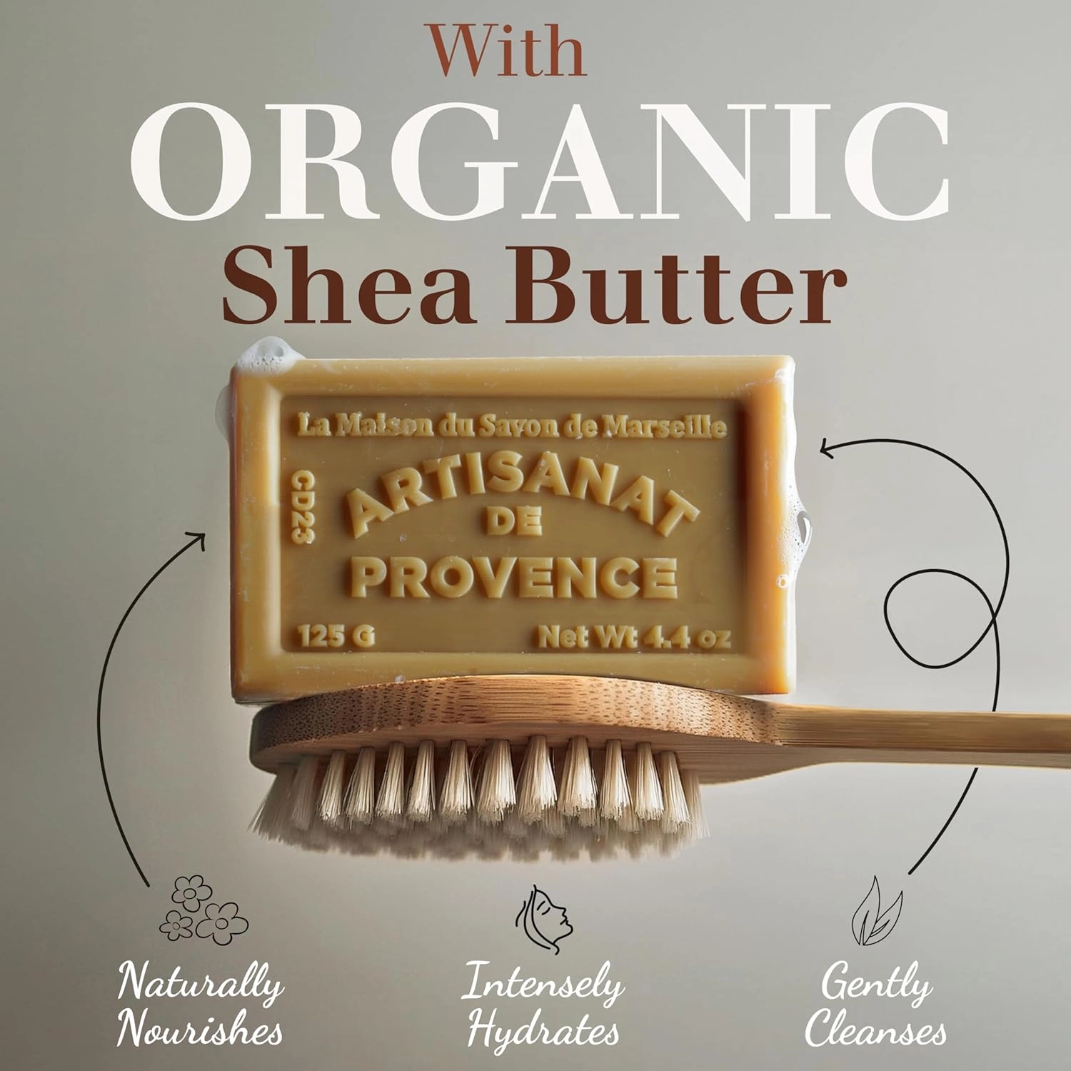 Hand & Body Soap Bars Trio - Olive Oil Moisturizing French Soap with Organic Shea Butter - Rich Creamy Lather - 97% Natural Ingredients - Solid Bath Cleanser Made in Provence - 3x4.4 oz