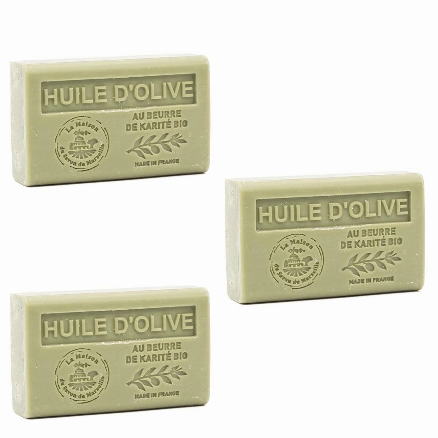 Hand & Body Soap Bars Trio - Olive Oil Moisturizing French Soap with Organic Shea Butter - Rich Creamy Lather - 97% Natural Ingredients - Solid Bath Cleanser Made in Provence - 3x4.4 oz