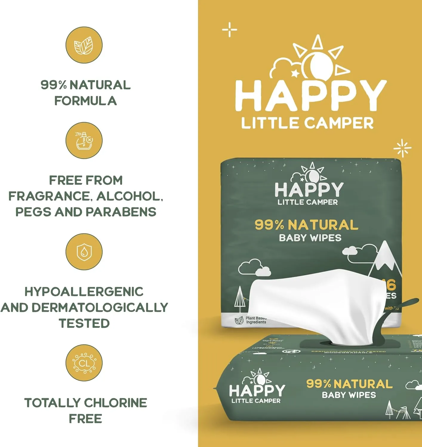 Happy Little Camper Natural Baby Wipes Unscented - Hypoallergenic & Chlorine-Free Wet Wipes with Aloe Vera, Chamomile and Pomegranate Extract - Gentle on Sensitive Skin - 432 Count