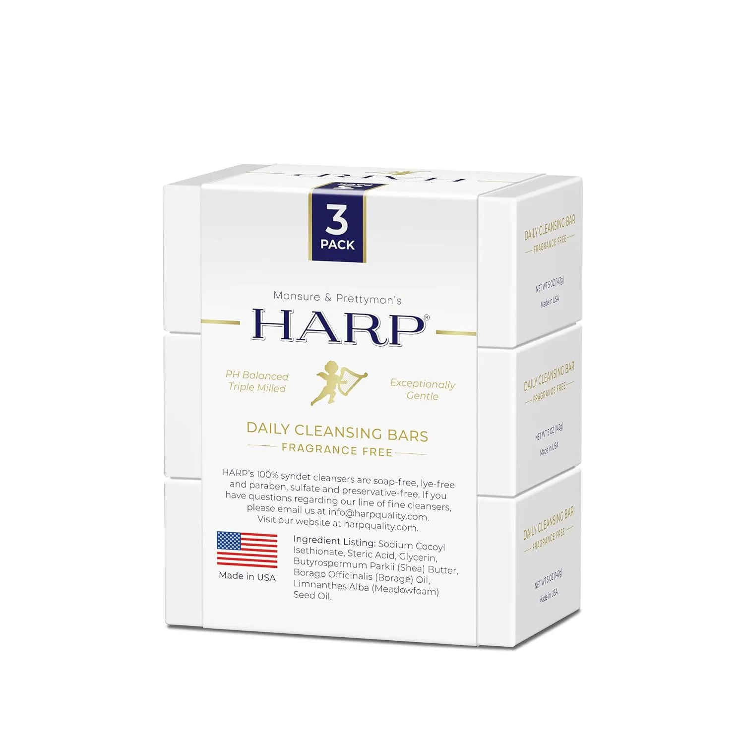 HARP pH-Balanced Body Wash Bar - Exceptionally Gentle For Dry or Sensitive Skin   Shea Butter-Borage oil- Meadowfoam | Non-Comedogenic | Soap-Free, Lye-Free. FRAGRANCE FREE (No Masking agents added)