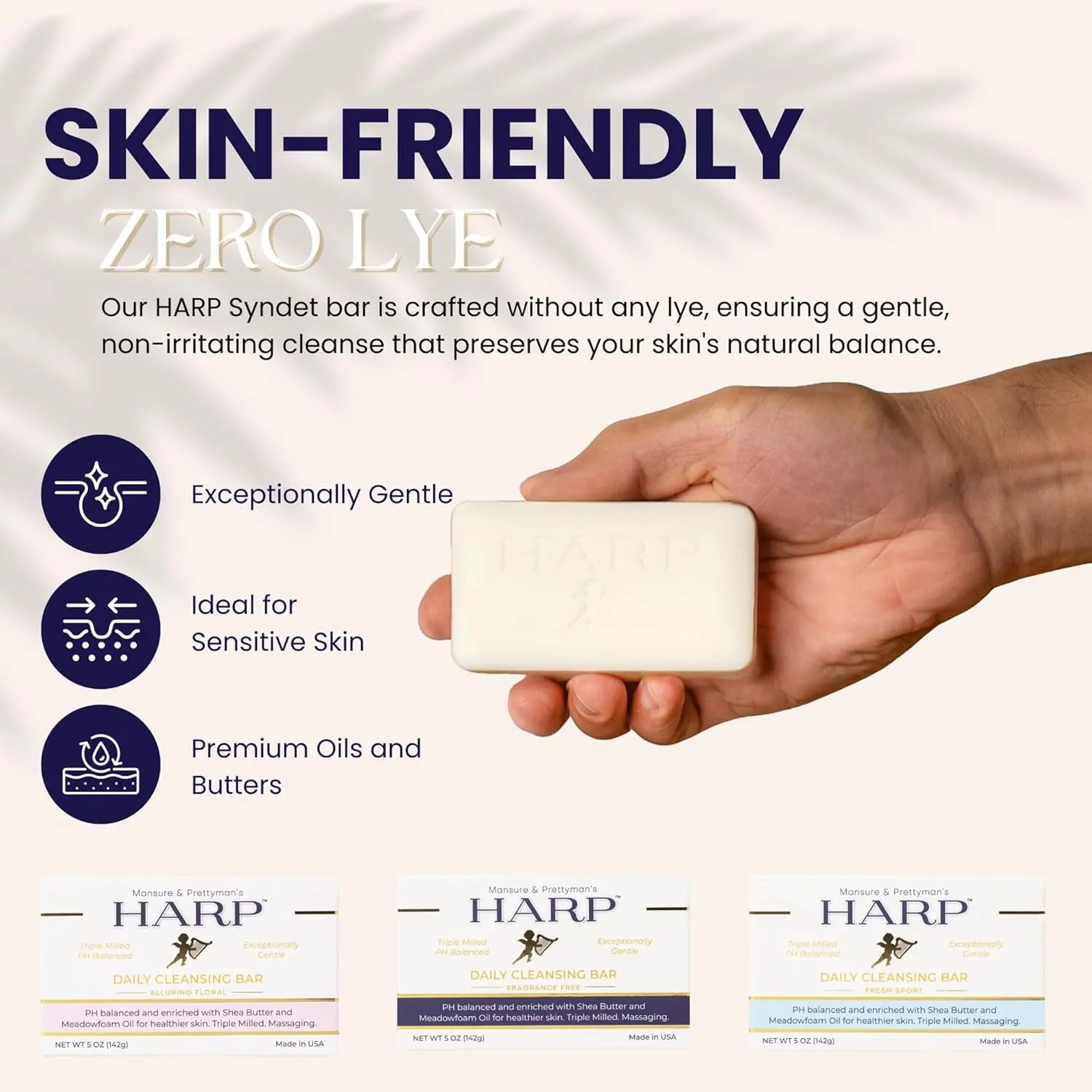 HARP pH-Balanced Body Wash Bar - Exceptionally Gentle For Dry or Sensitive Skin   Shea Butter-Borage oil- Meadowfoam | Non-Comedogenic | Soap-Free, Lye-Free. FRAGRANCE FREE (No Masking agents added)