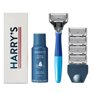 Harry's Shaving Kit for Men - Razor Handle, 5 Razor Blade Refills, Foaming Shave Gel, and Travel Blade Cover - Ocean Blue