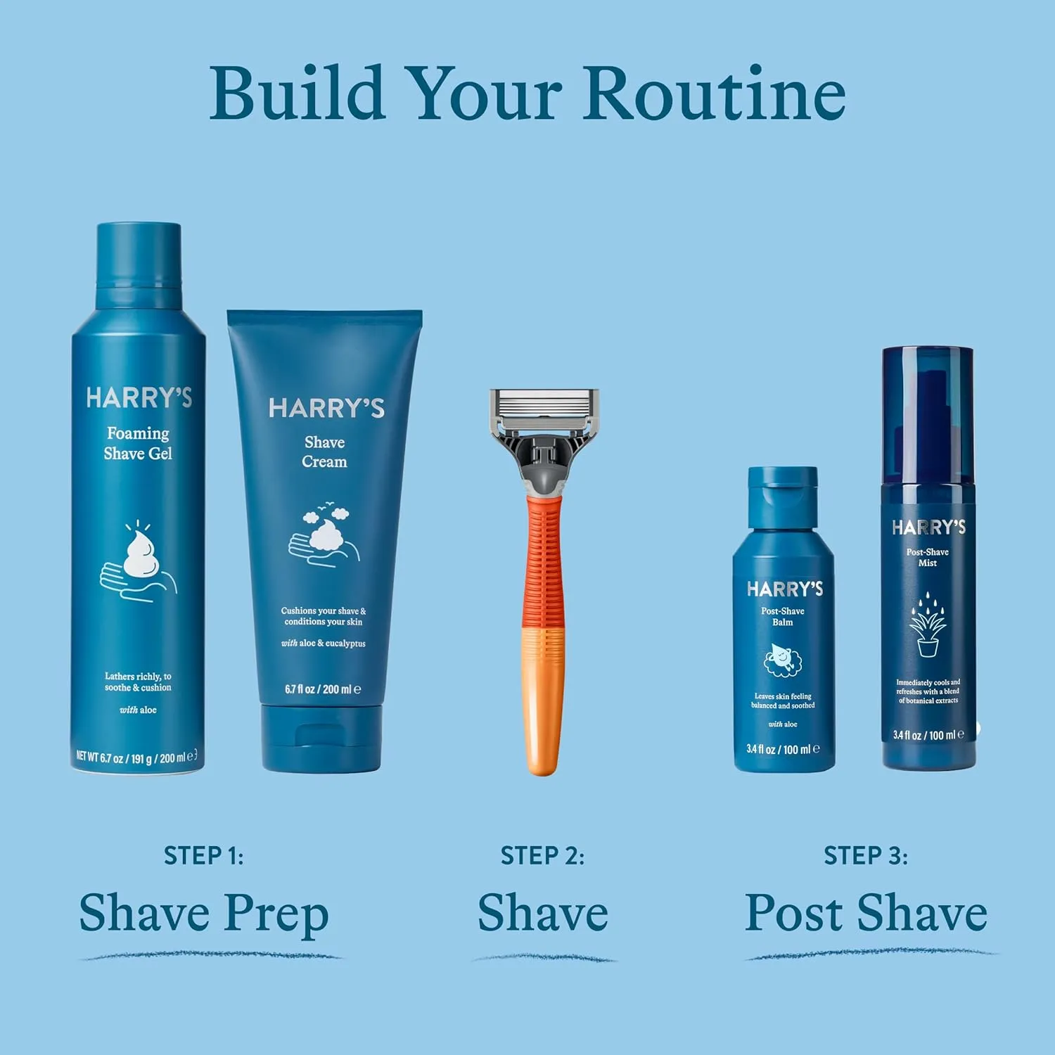 Harry's Shaving Kit for Men - Razor Handle, 5 Razor Blade Refills, Foaming Shave Gel, and Travel Blade Cover - Ocean Blue