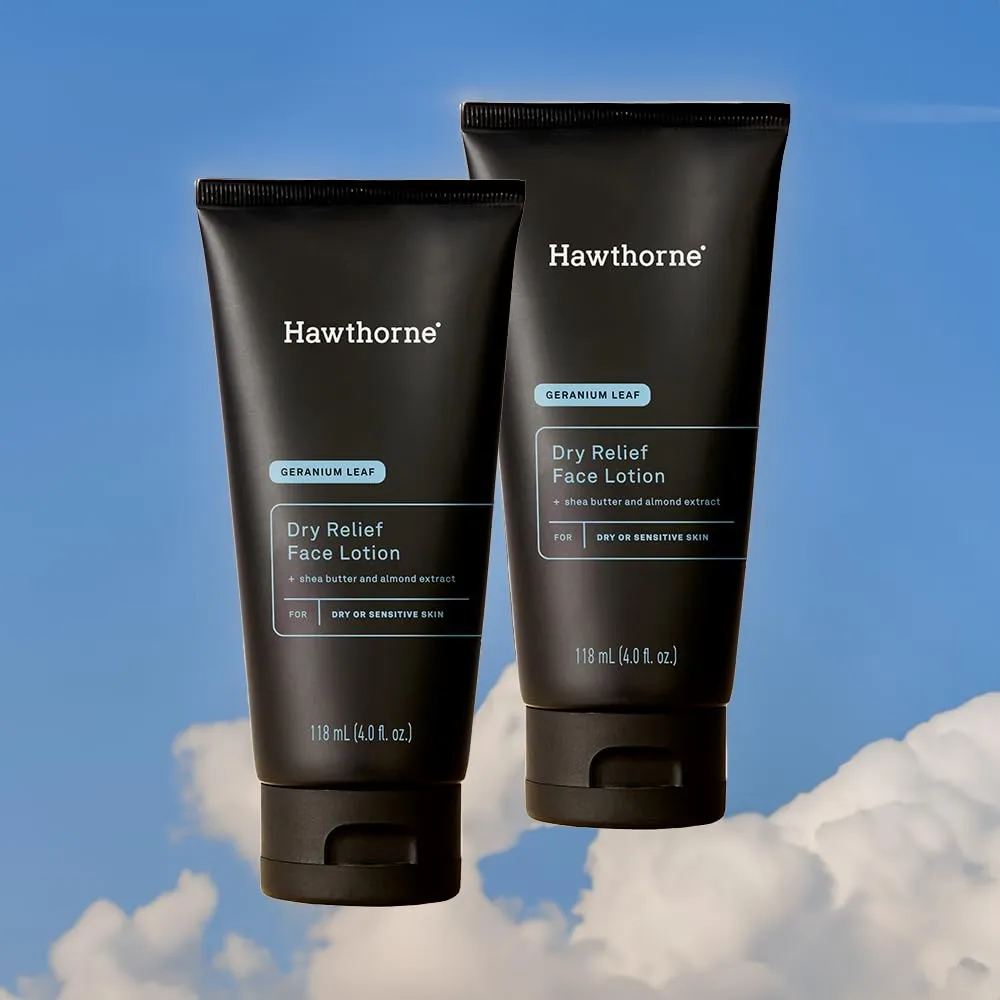 Hawthorne Men's Ultra Moisturizing Dry Relief Face Lotion For Dry, Sensitive Skin. Made With Shea Butter and Almond Oil. Natural Ingredients, Vegan, Sulfate Free. 2-Pack, 4 Fl. Oz. Each