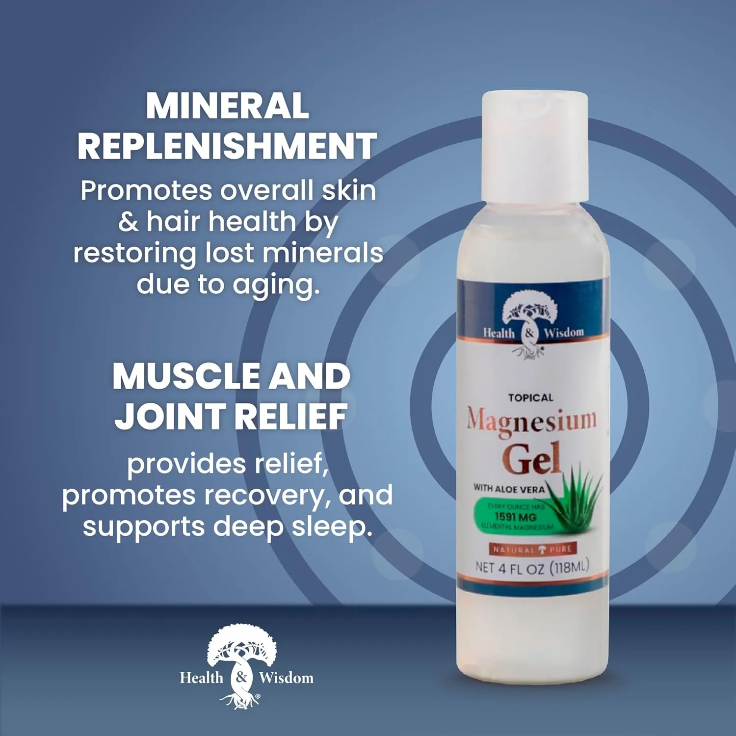 Health and Wisdom Topical Magnesium Gel with Aloe Vera - Magnesium Gel Topical for Muscles, Magnesium Topical Gel, Gel Magnesium, All Natural Magnesium Gel, Magnesium Chloride Gel - 4 Fl Oz