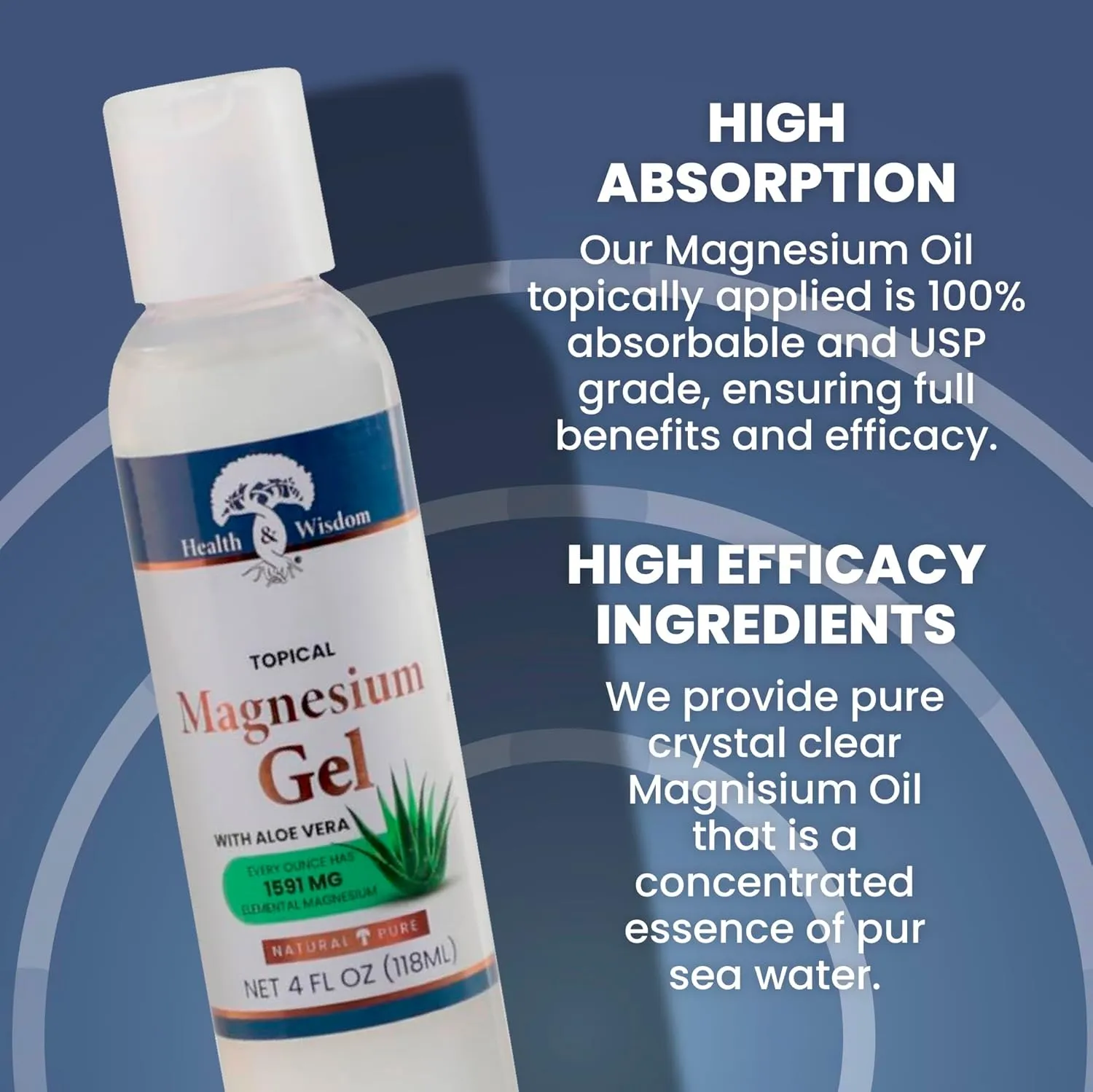 Health and Wisdom Topical Magnesium Gel with Aloe Vera - Magnesium Gel Topical for Muscles, Magnesium Topical Gel, Gel Magnesium, All Natural Magnesium Gel, Magnesium Chloride Gel - 4 Fl Oz