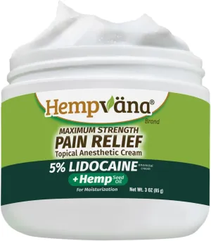 Hempvana 5% Lidocaine Relief Cream, Maximum Strength, AS-SEEN-ON-TV, Strong Cream, Numbs Irritated Nerves for Fast Anorectal Relief, Non-Greasy, Targeted Long-Lasting Relief. Enriched with Hemp, 3 Oz