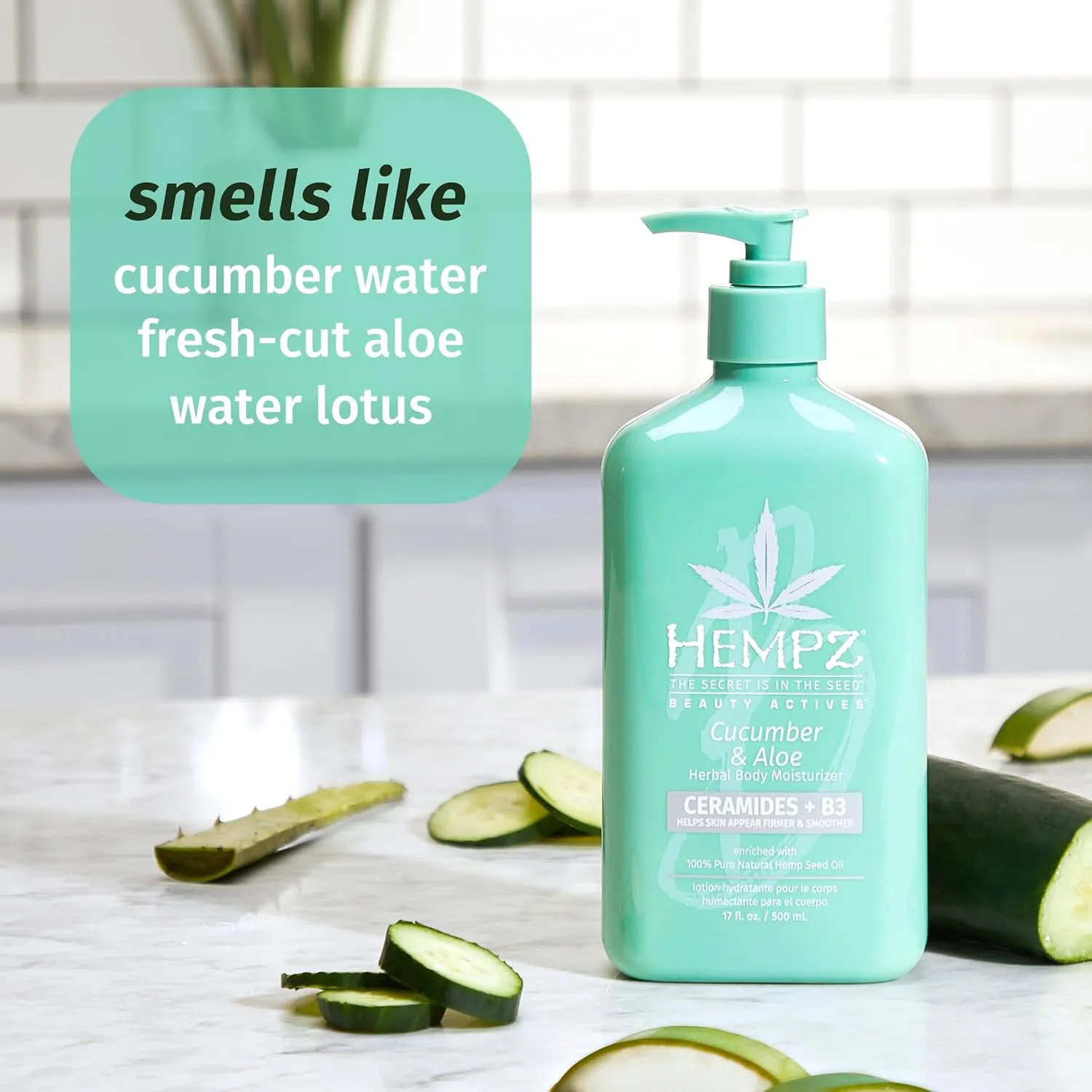Hempz Body Lotion - Cucumber & Aloe Herbal Limited Edition Daily Moisturizing Cream, Shea Butter, Aloe, Cucumber Extract Body Moisturizer - Skin Care Products, Hemp Seed Oil - 17 Fl Oz