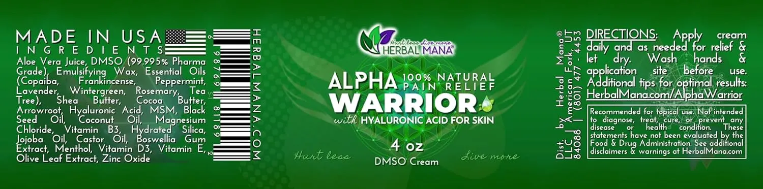 Herbal Mana Alpha Warrior Cream with 99.9% Pure DMSO - Maximum Strength MSM, Hyaluronic Acid Gel, Magnesium Oil Topical Hot Balm - ICY Muscle Soothing - Bruise, Freeze Lotion