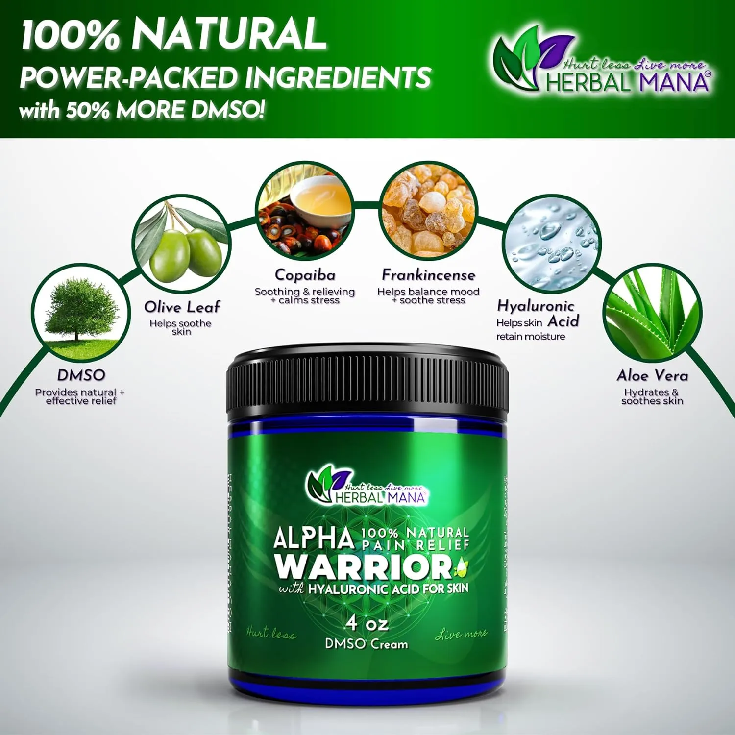 Herbal Mana Alpha Warrior Cream with 99.9% Pure DMSO - Maximum Strength MSM, Hyaluronic Acid Gel, Magnesium Oil Topical Hot Balm - ICY Muscle Soothing - Bruise, Freeze Lotion