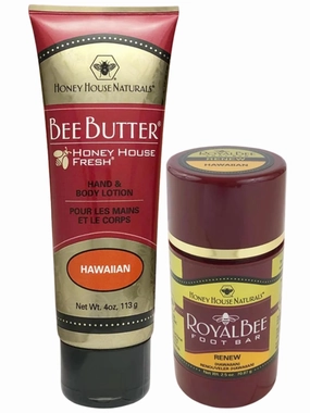 Honey House Naturals Bee Butter & Foot Bar Bundle - Hawaiian - 2.5 Ounce Twist Up Foot Bar Tube - 4 Ounce Lotion Cream - All Natural Ultra Moisturizing - Essential Oil Infused - USA Made