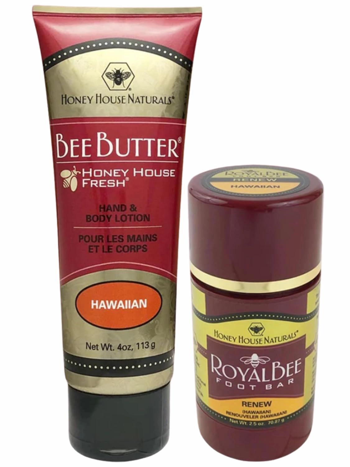 Honey House Naturals Bee Butter & Foot Bar Bundle - Hawaiian - 2.5 Ounce Twist Up Foot Bar Tube - 4 Ounce Lotion Cream - All Natural Ultra Moisturizing - Essential Oil Infused - USA Made