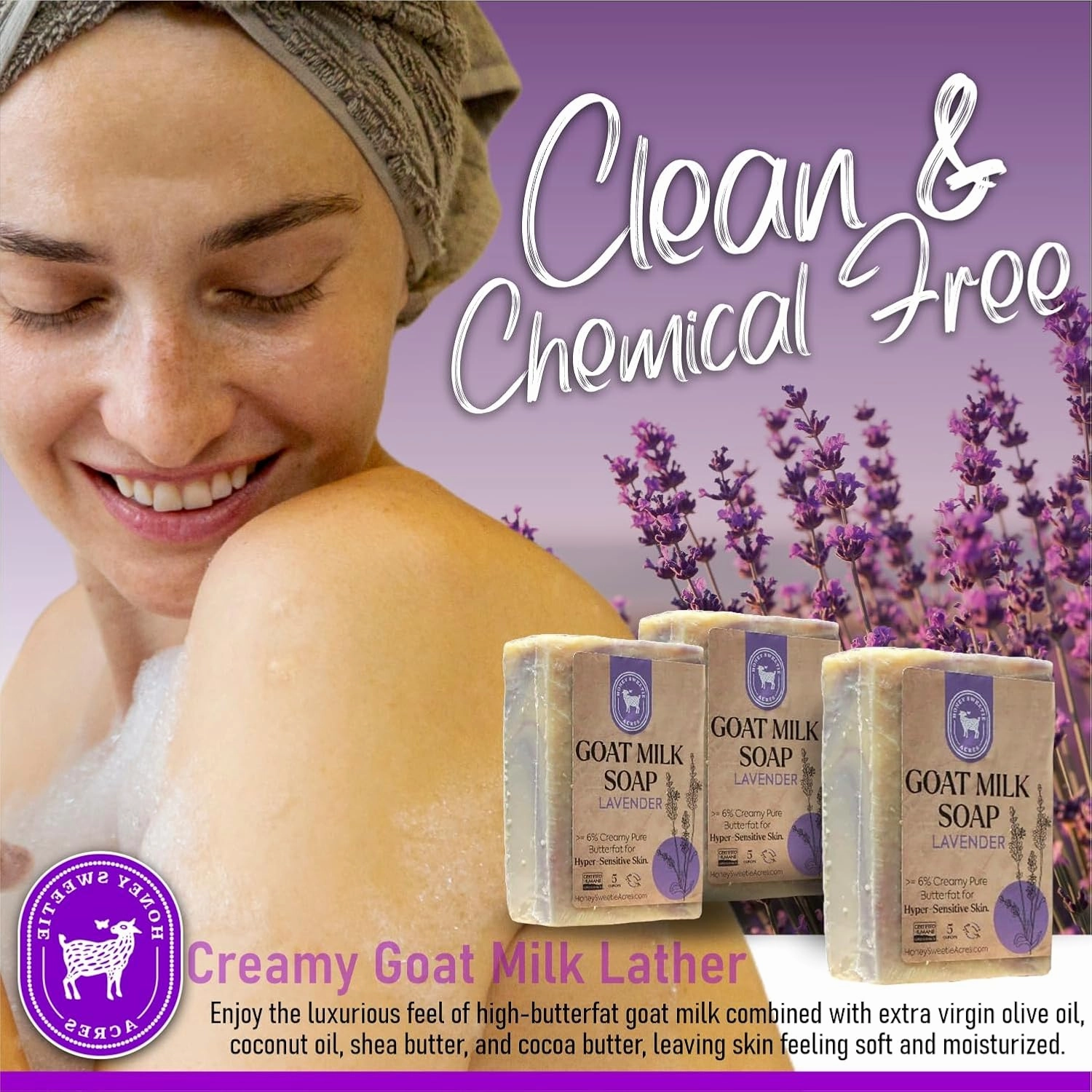 Honey Sweetie Acres 3-Pack Lavender Goat Milk Soap - Handmade 5 oz Bar, Made with Natural Ingredients, Moisturizing & Gentle, Made in the USA