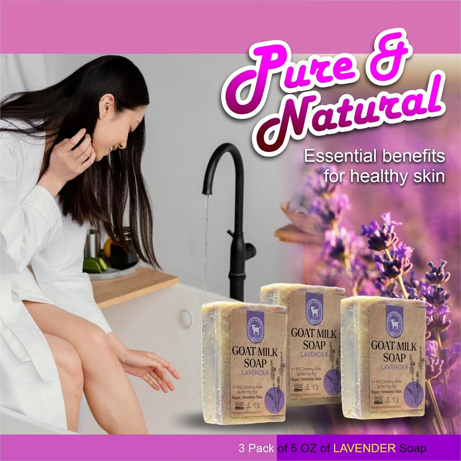 Honey Sweetie Acres 3-Pack Lavender Goat Milk Soap - Handmade 5 oz Bar, Made with Natural Ingredients, Moisturizing & Gentle, Made in the USA