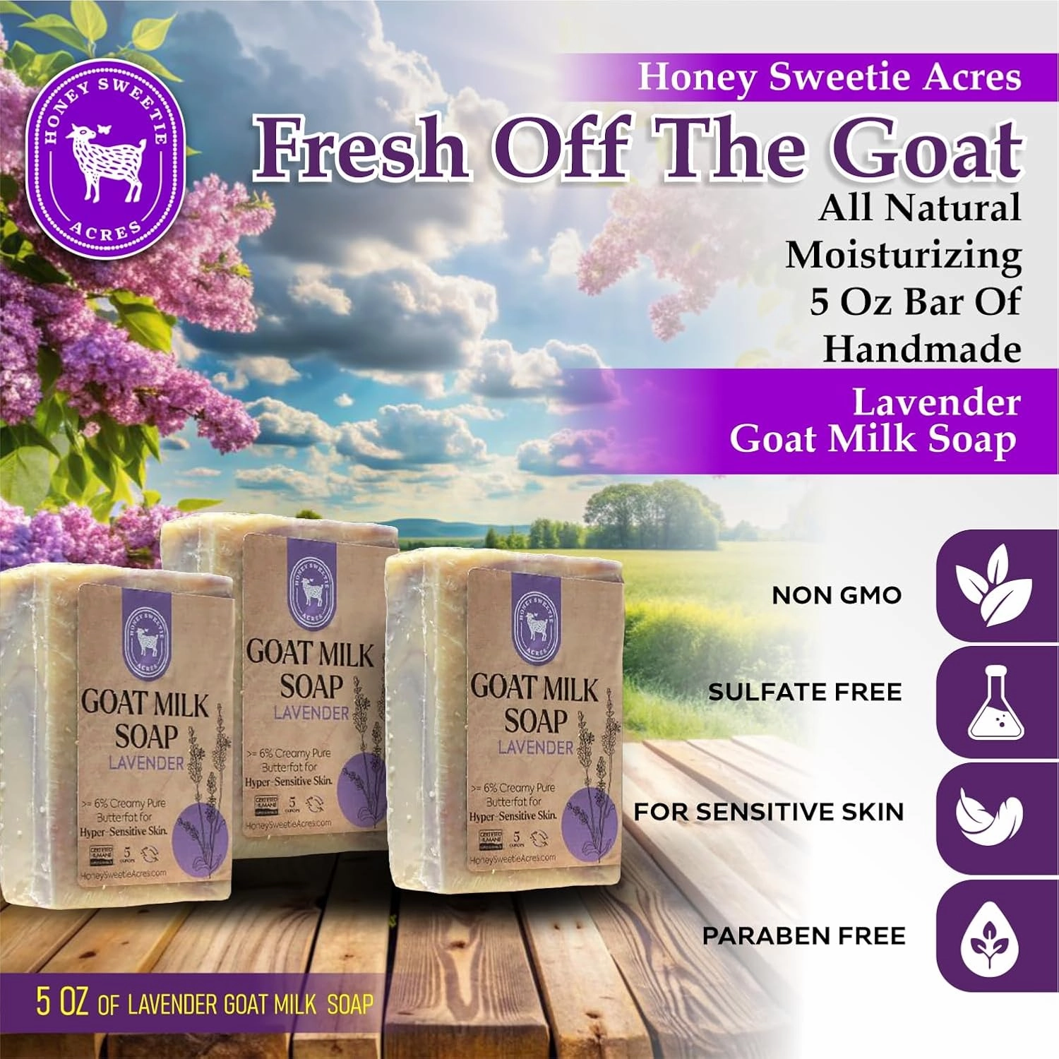 Honey Sweetie Acres 3-Pack Lavender Goat Milk Soap - Handmade 5 oz Bar, Made with Natural Ingredients, Moisturizing & Gentle, Made in the USA
